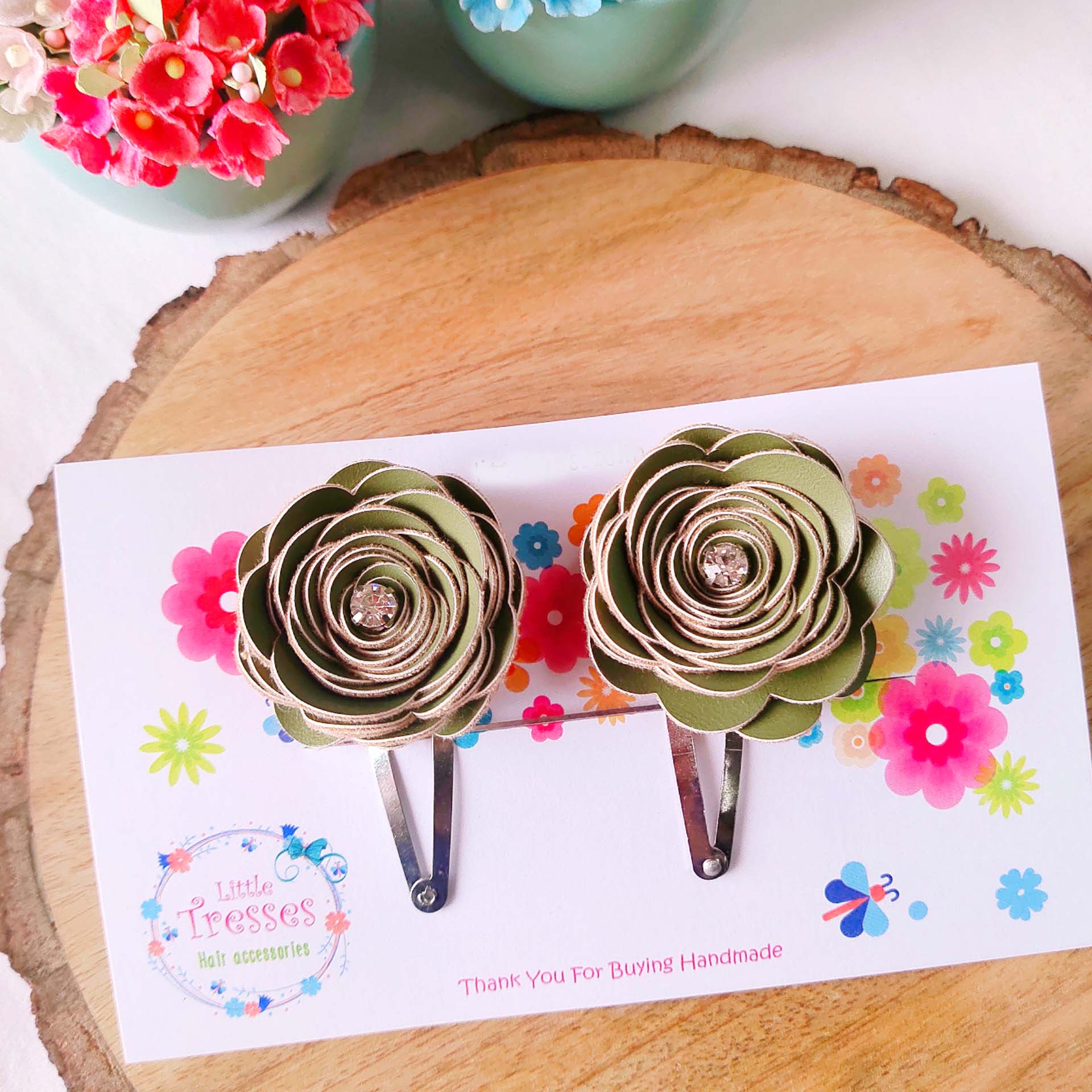 Rose Flower SnapOn Clip Pair - Mehndi Green