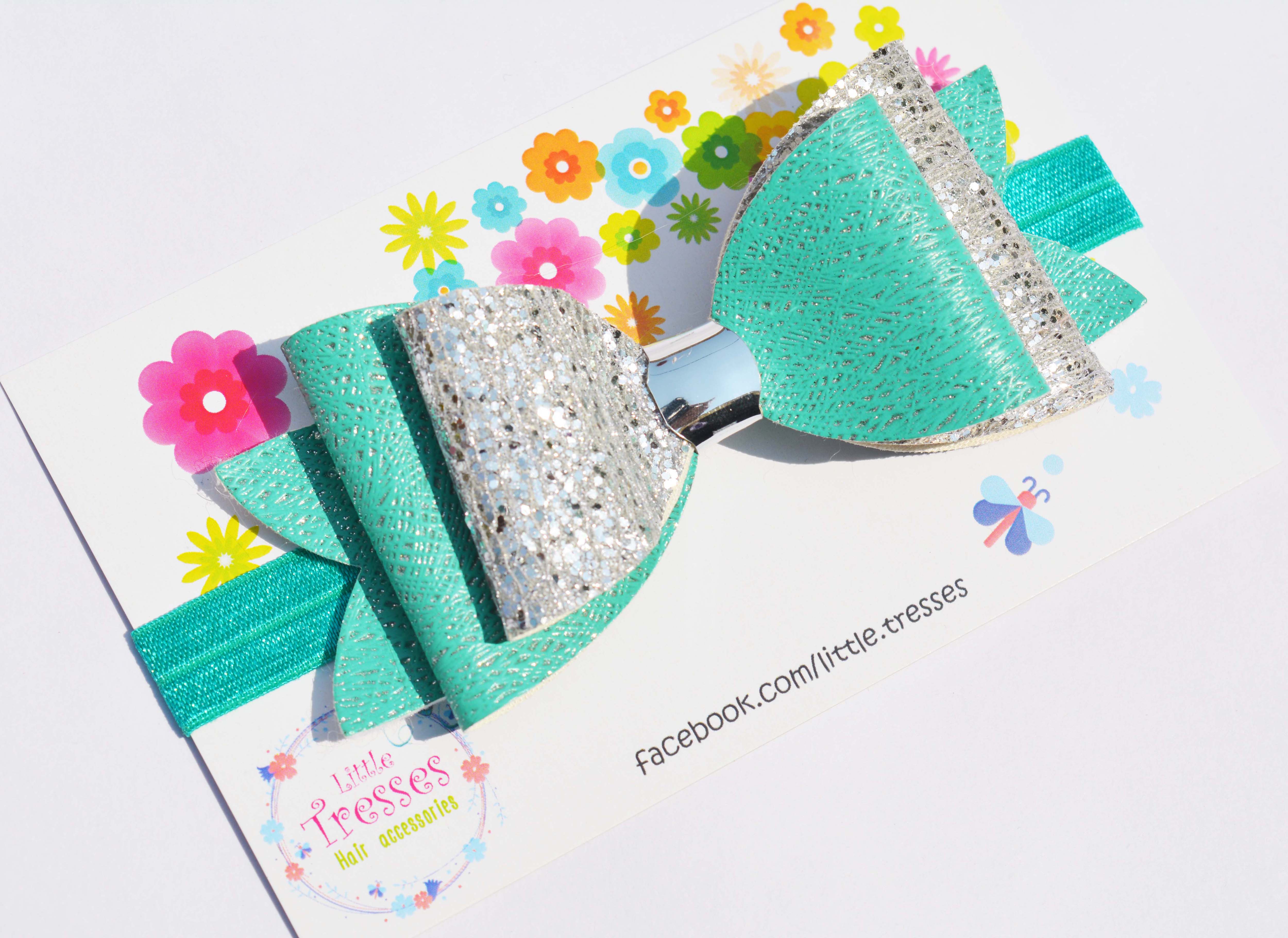 Big Double Layer Bow Soft Stretchable Headband - Mint Green & Silver