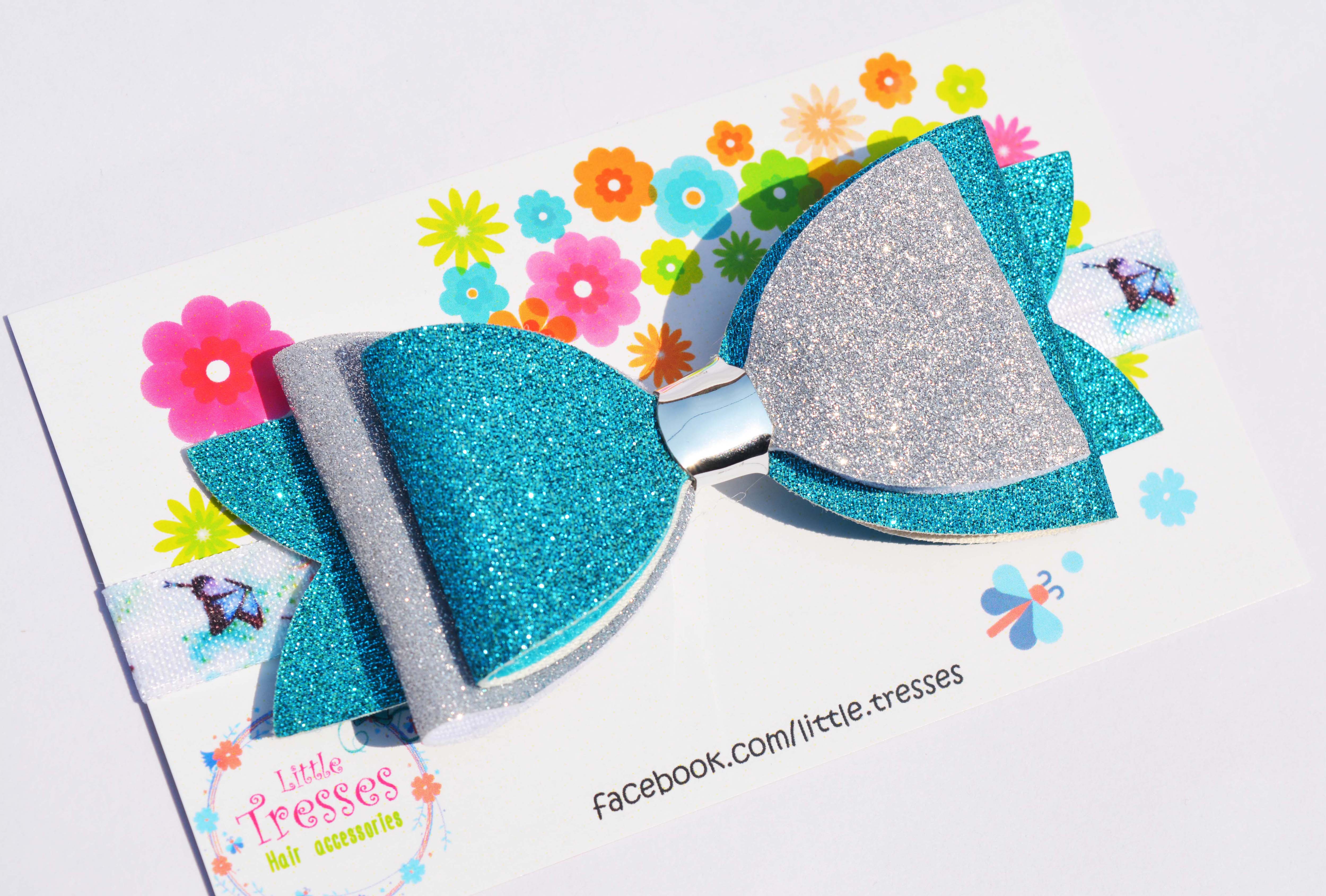 Big Double Layer Bow Soft Stretchable Headband - Light Blue & Silver