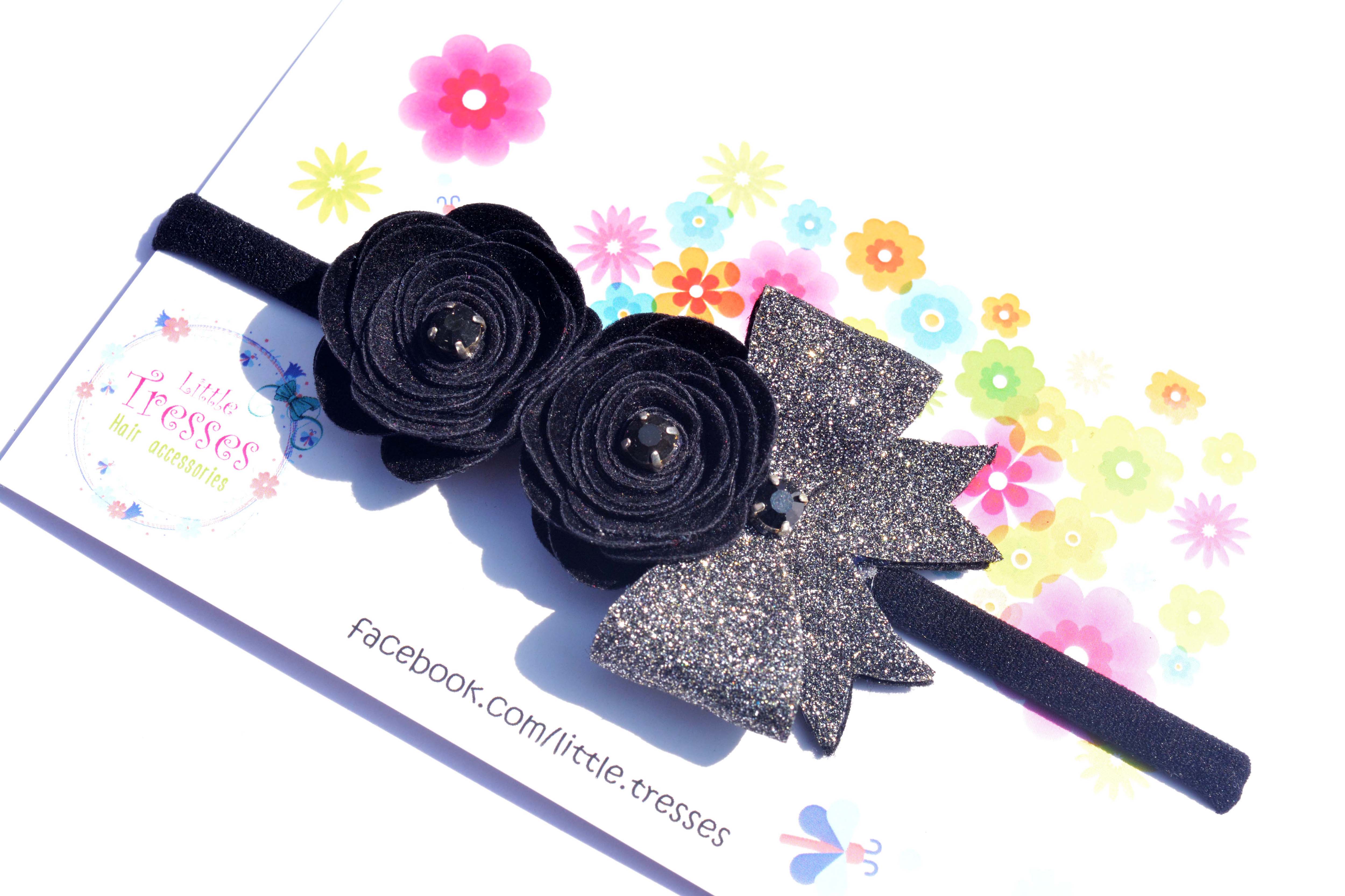 Roses with Bow Soft Stretchable headband - Black