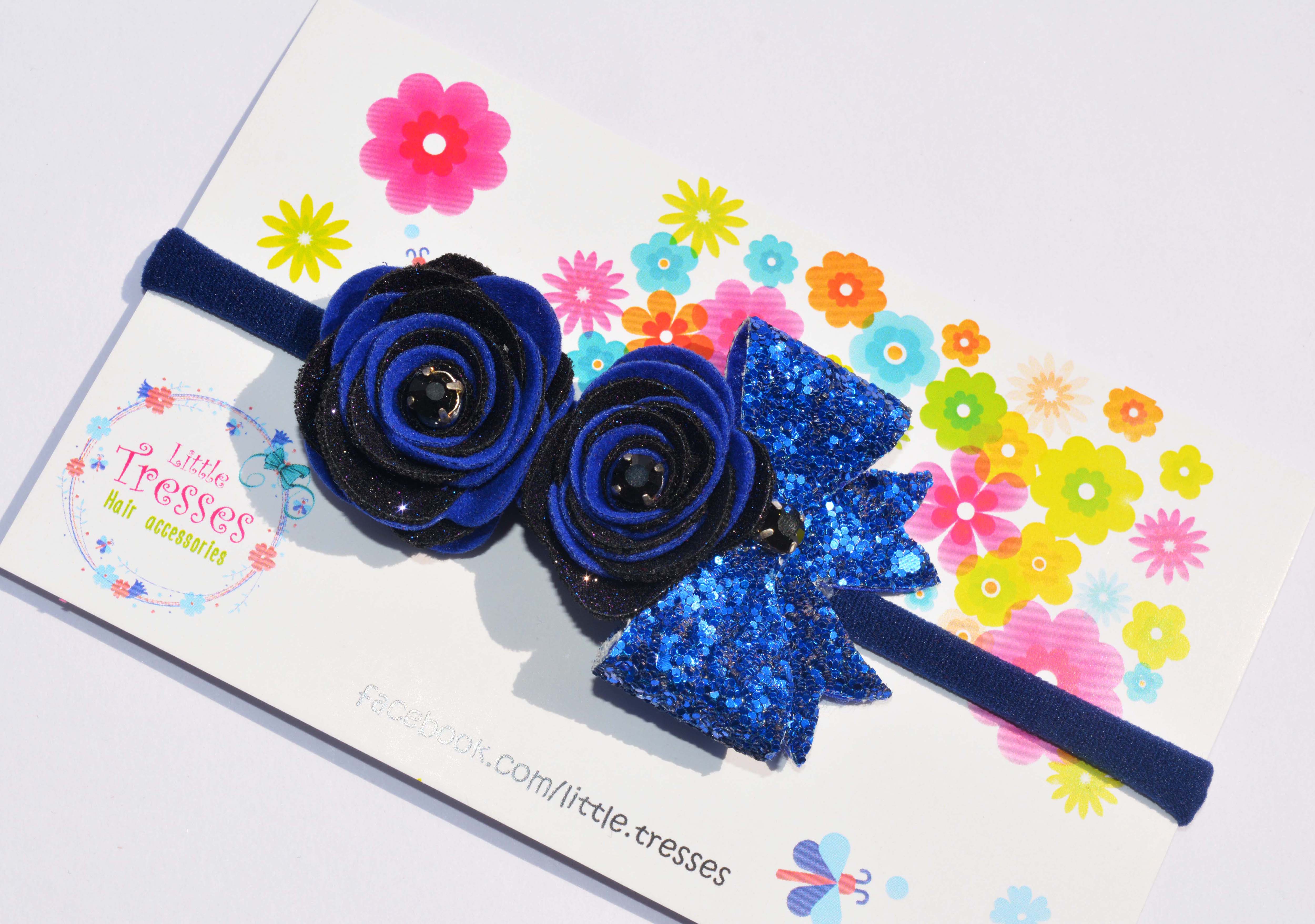 Roses with Bow Soft Stretchable headband - Blue & Black