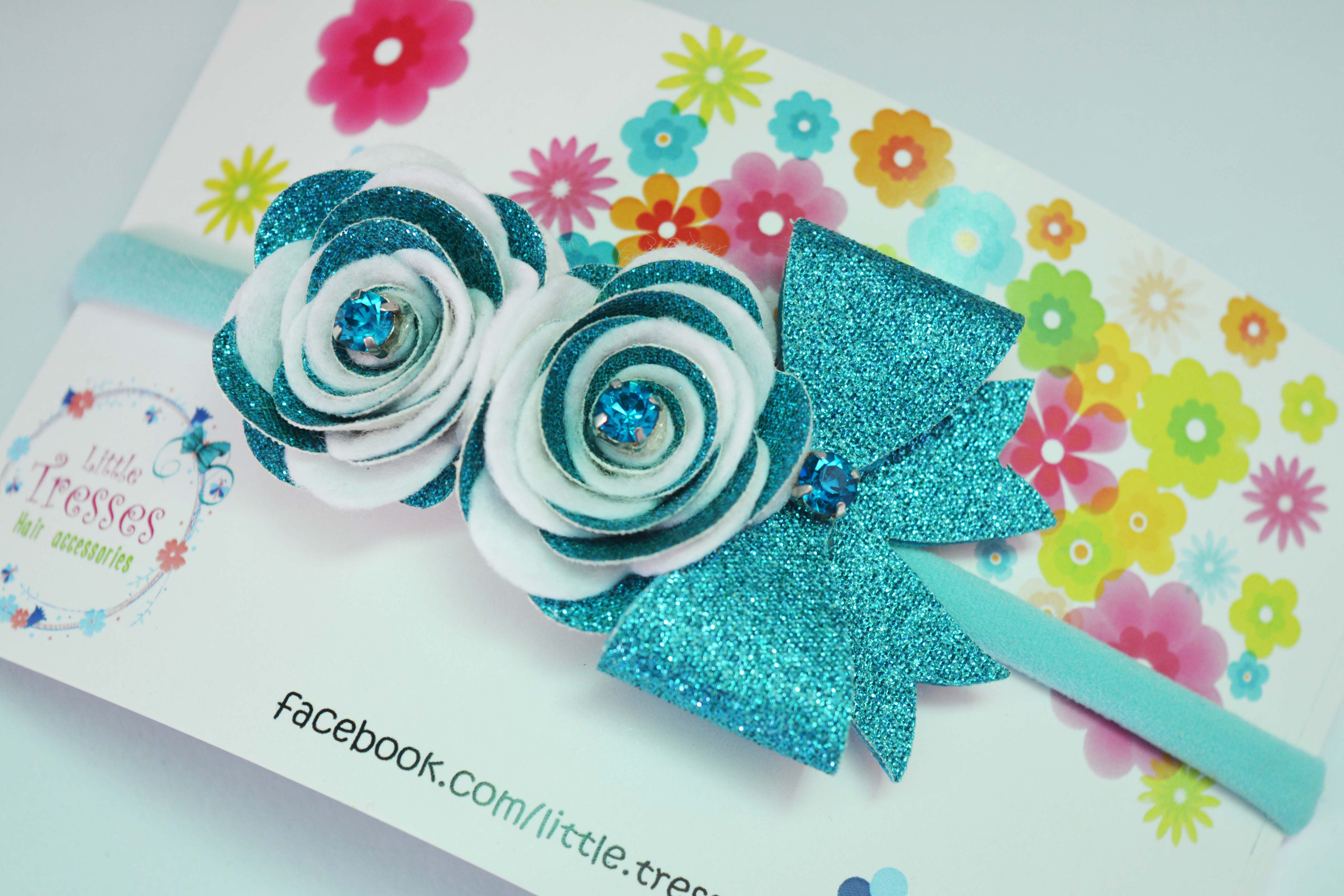 Roses with Bow Soft Stretchable headband - Light Blue & White