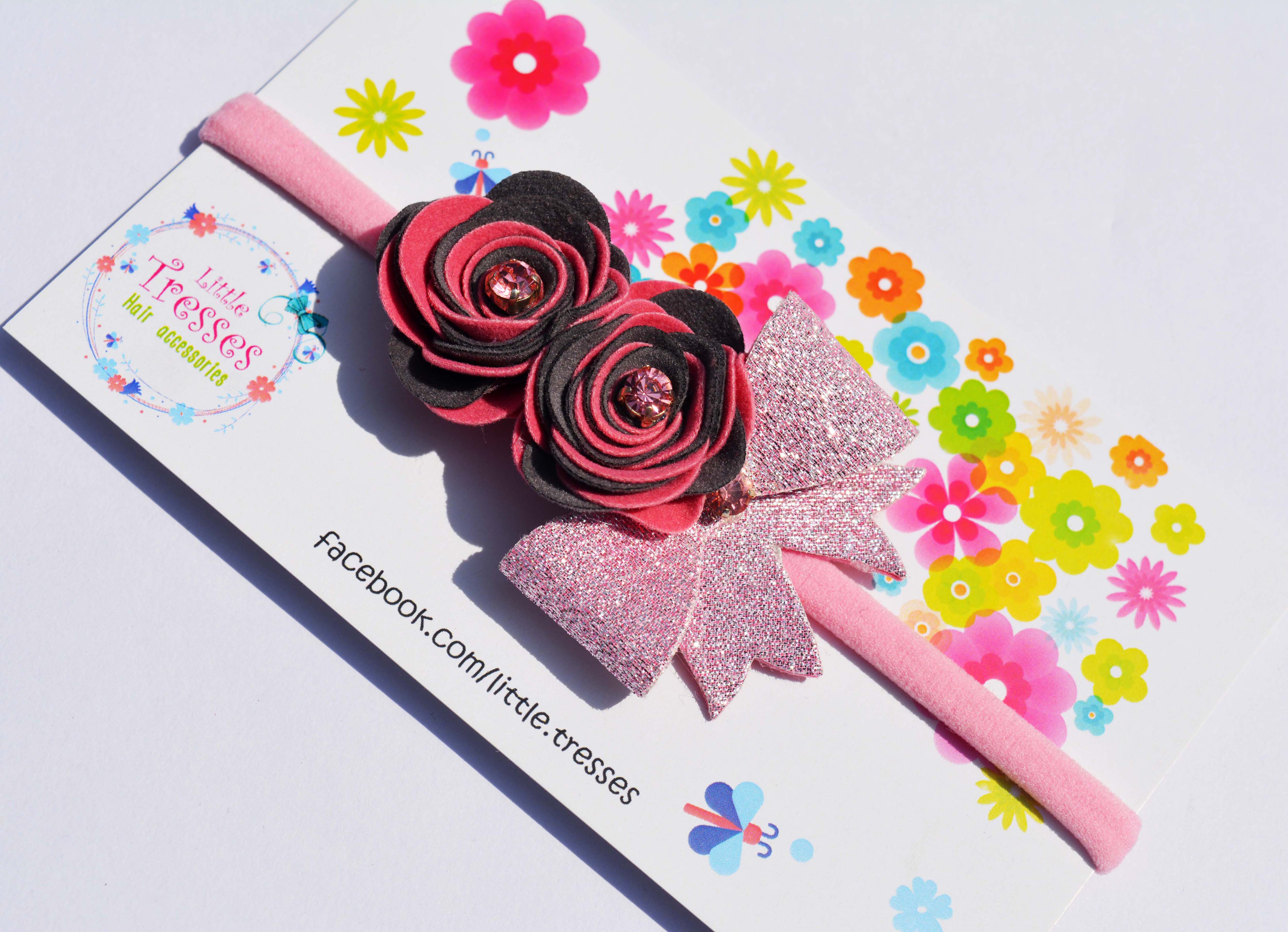 Roses with Bow Soft Stretchable headband - Light Pink & Grey