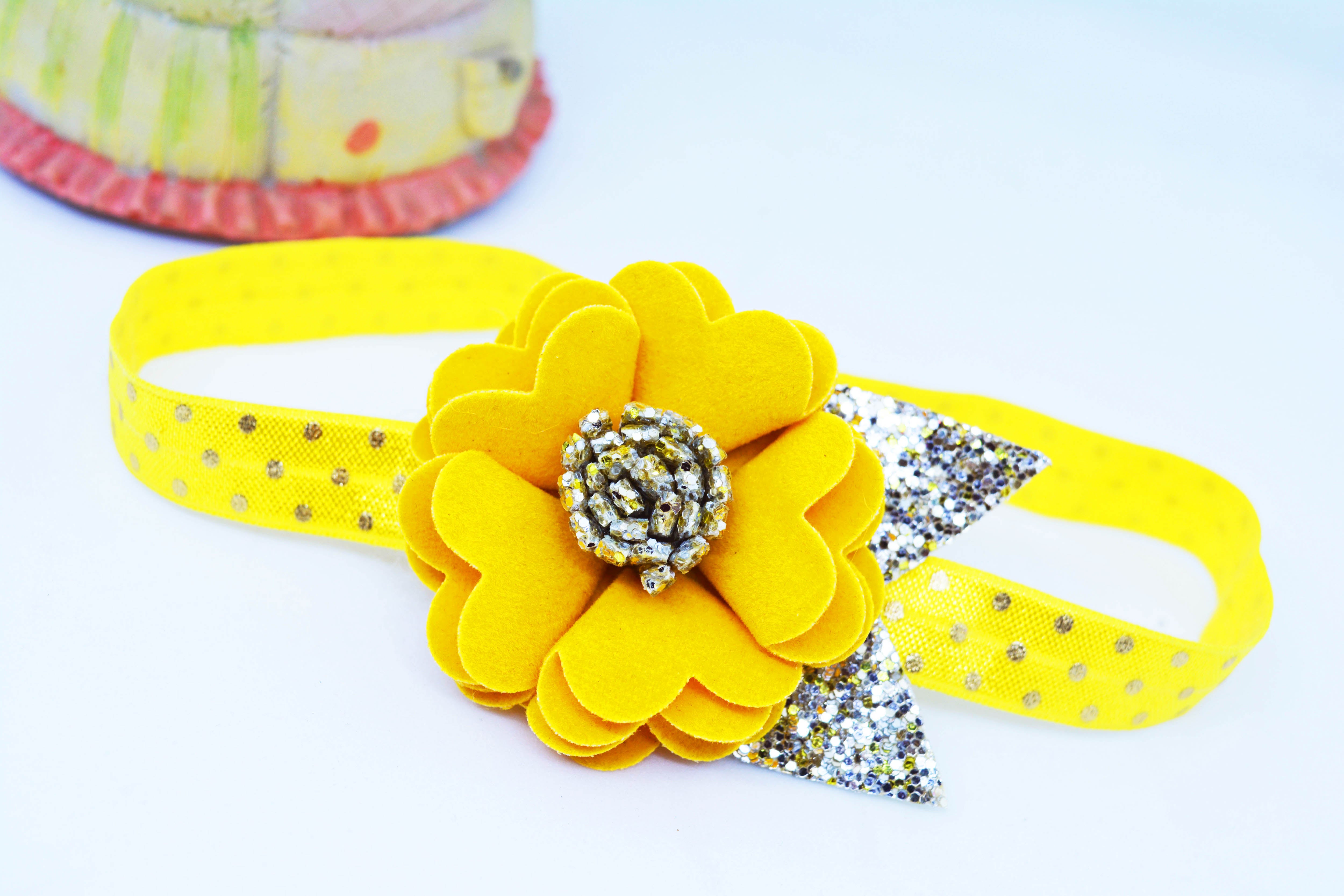 Scalloped Flower with Leaves Soft Stretchable Headband - Yellow
