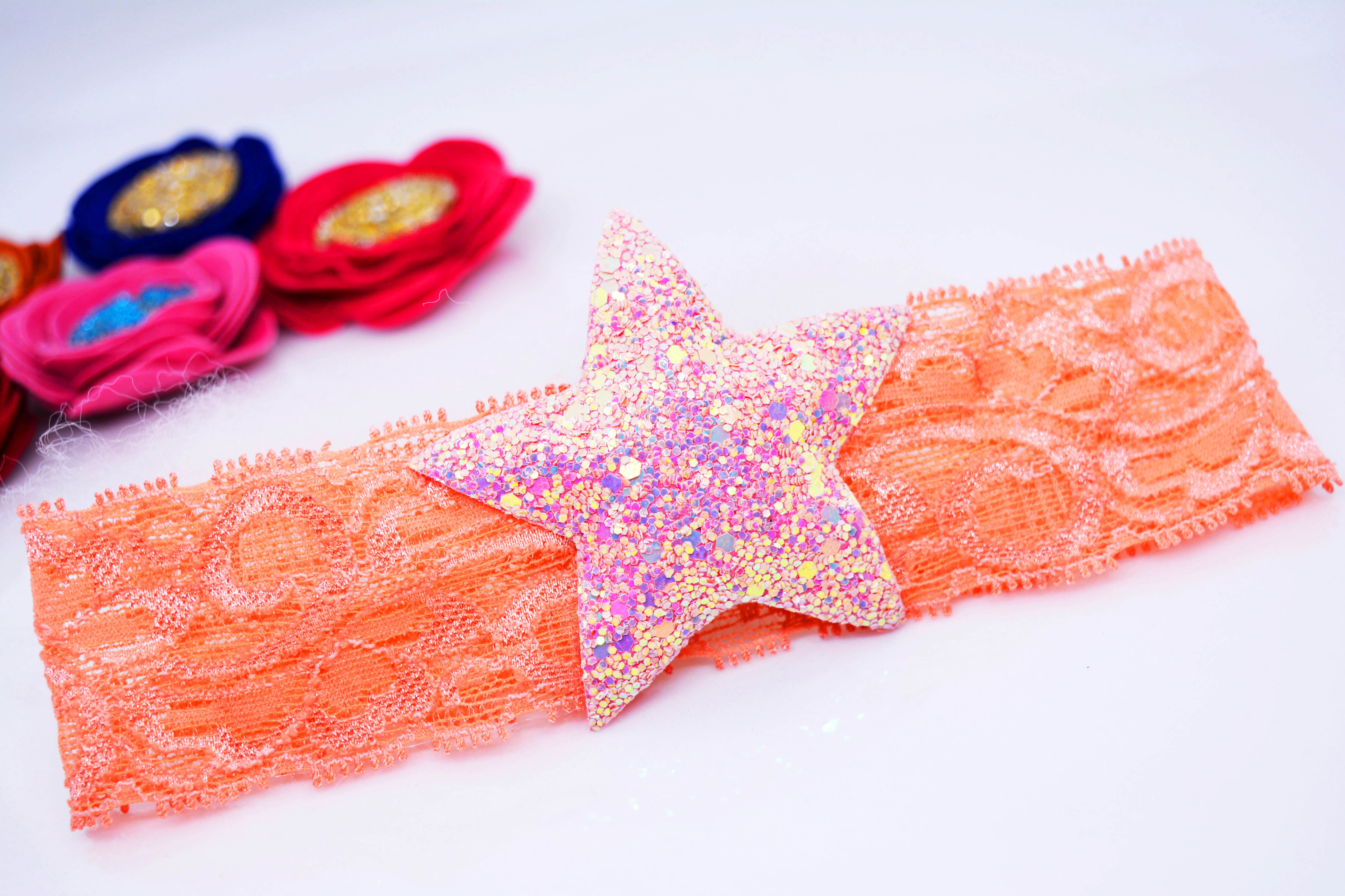 Star Broad Stretchable Lace Headband - Peach