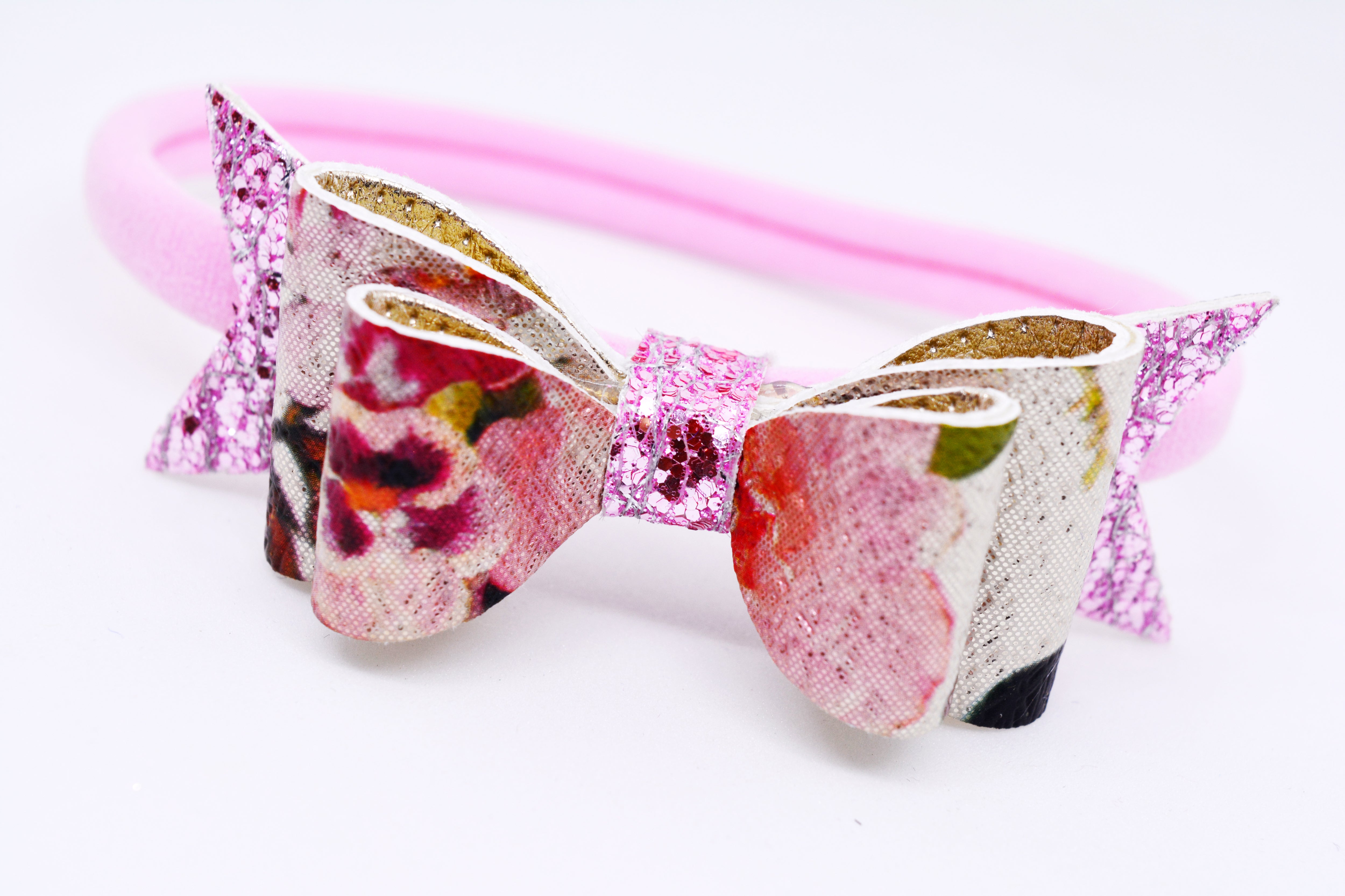 Shimmer Bow with Arrow Soft Stretchable Headband - Pink European Flower