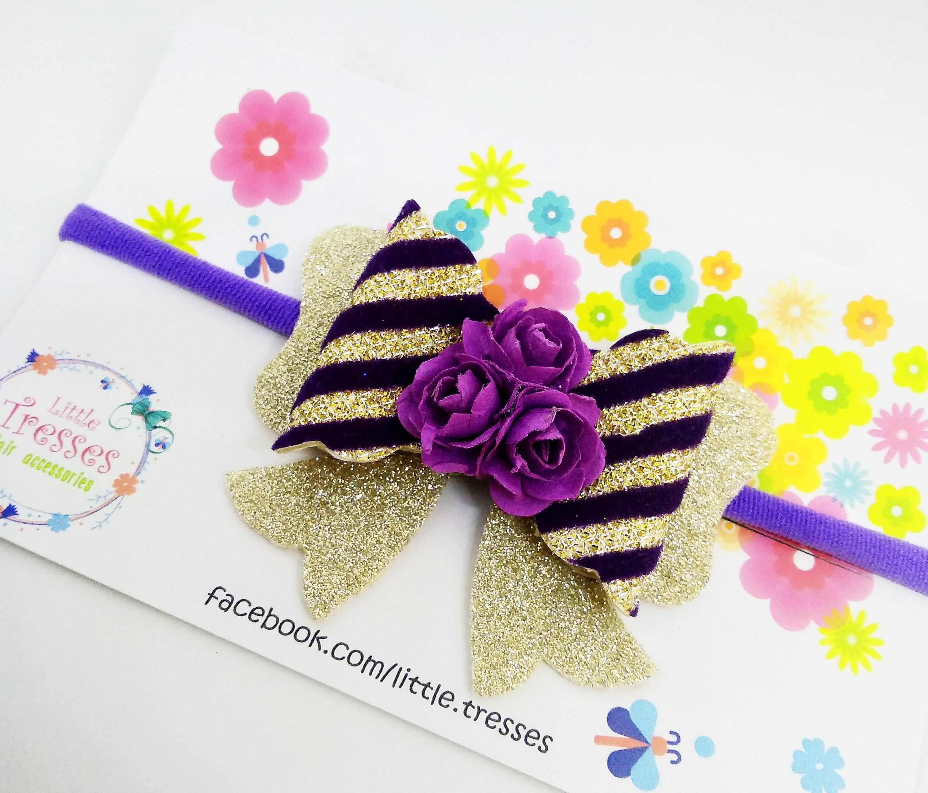 Scalloped Bow with Arrow Soft Stretchable Headband - Purple Stripes