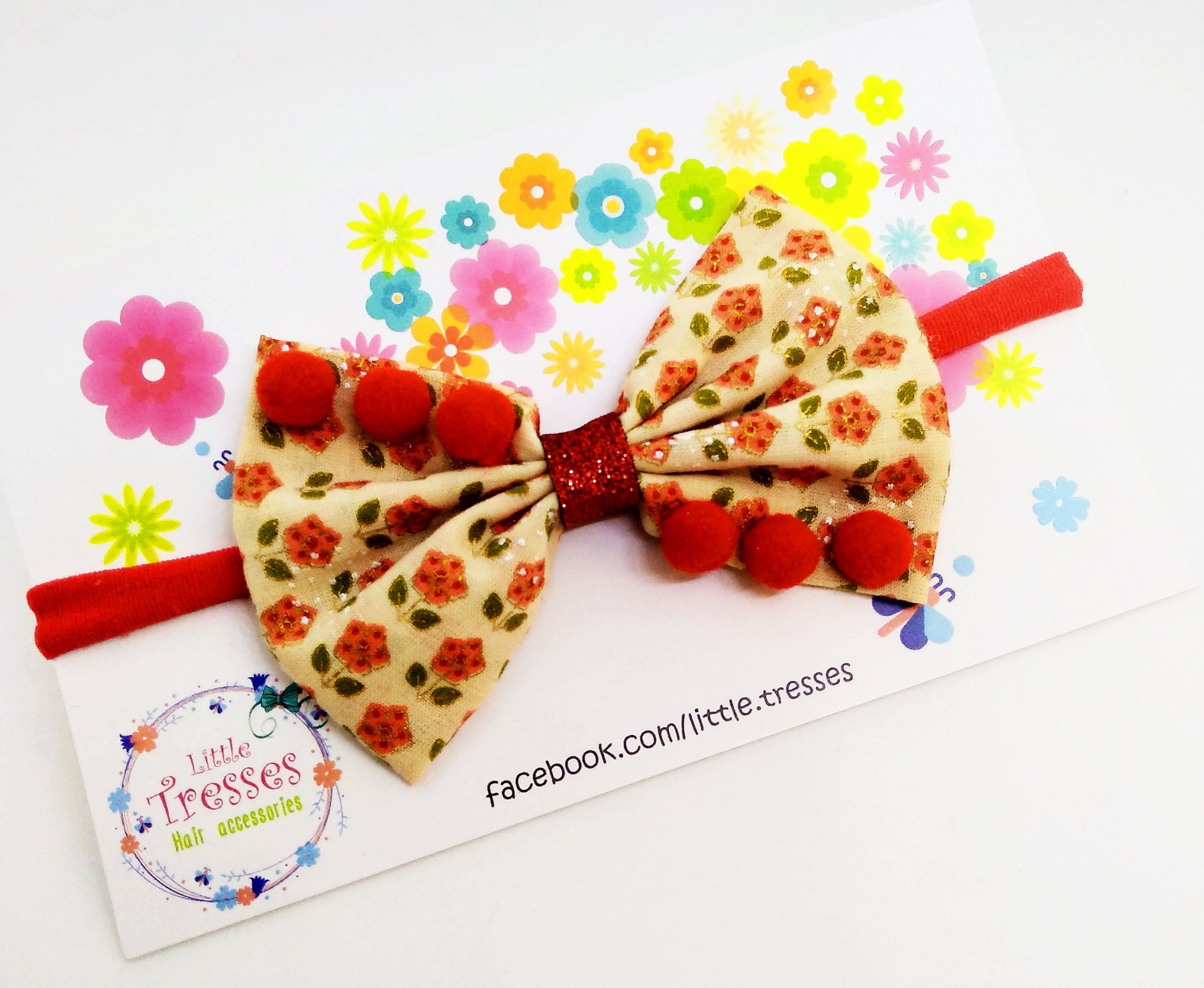 Pinched Bow Soft Headband - Red Tiny Hearts