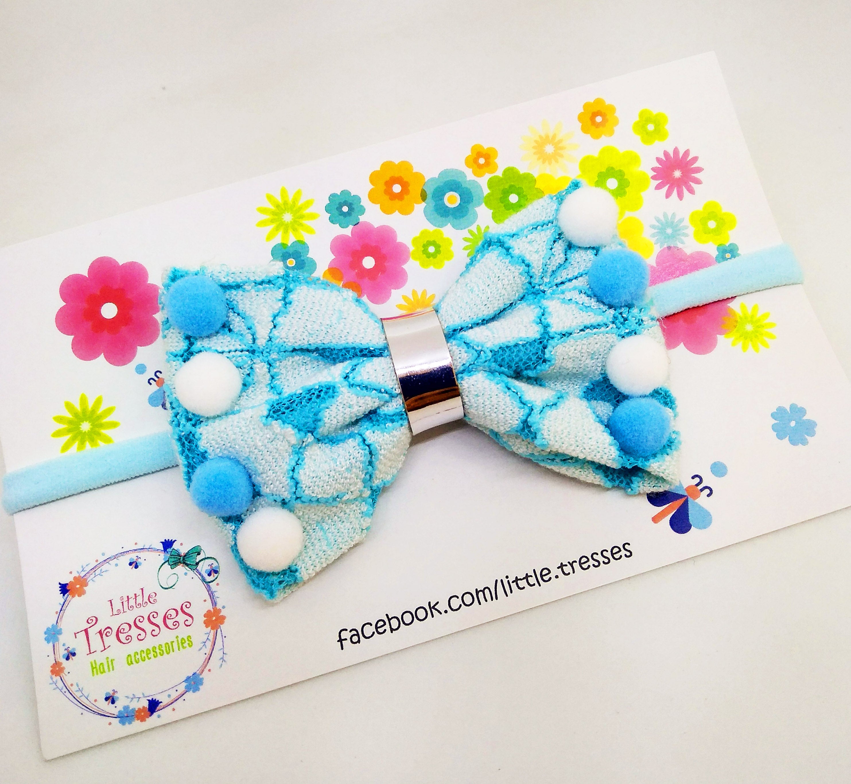 Pinched Bow Soft Headband - Blue & White Mesh