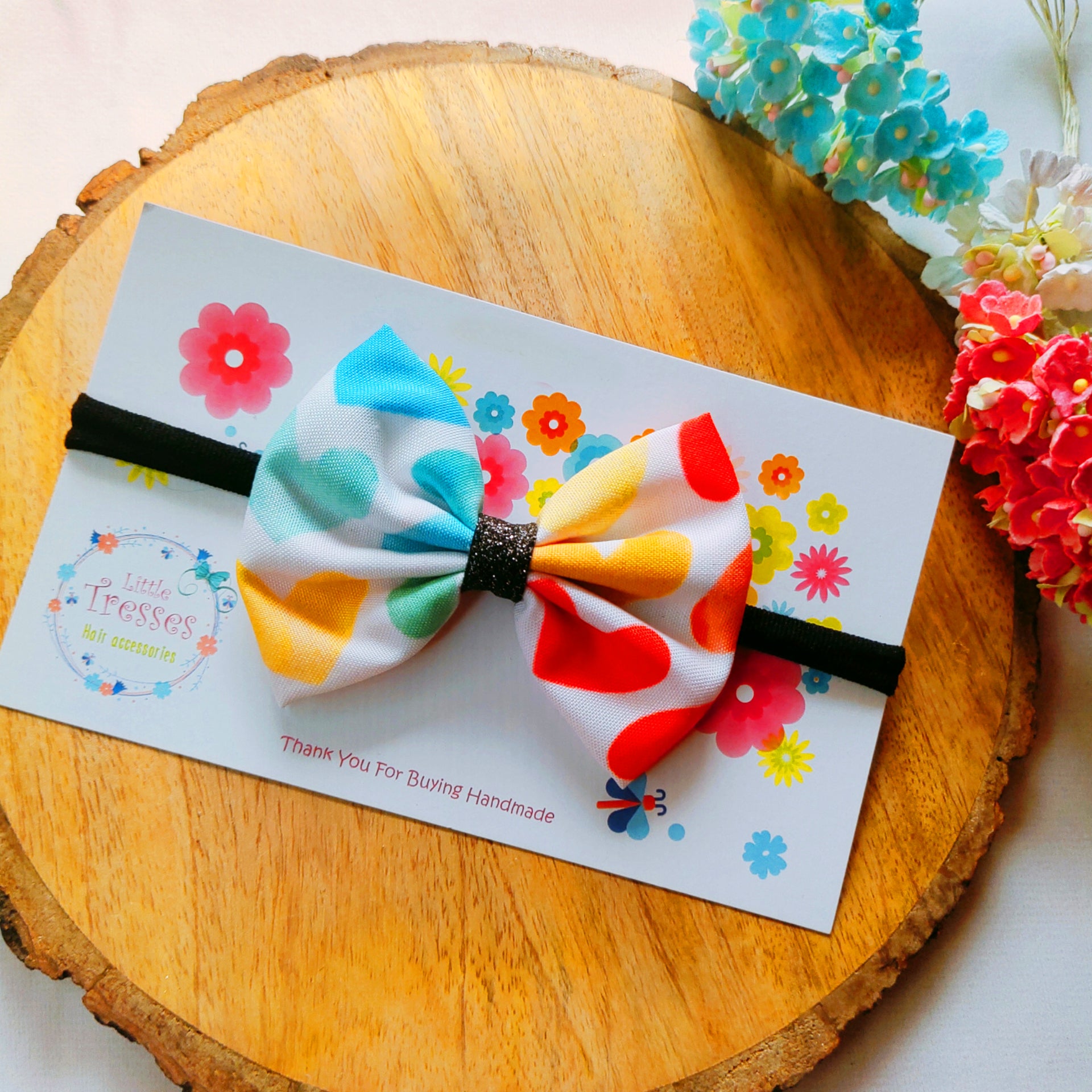 Pinched Bow Soft Headband - Multicolor Hearts Black