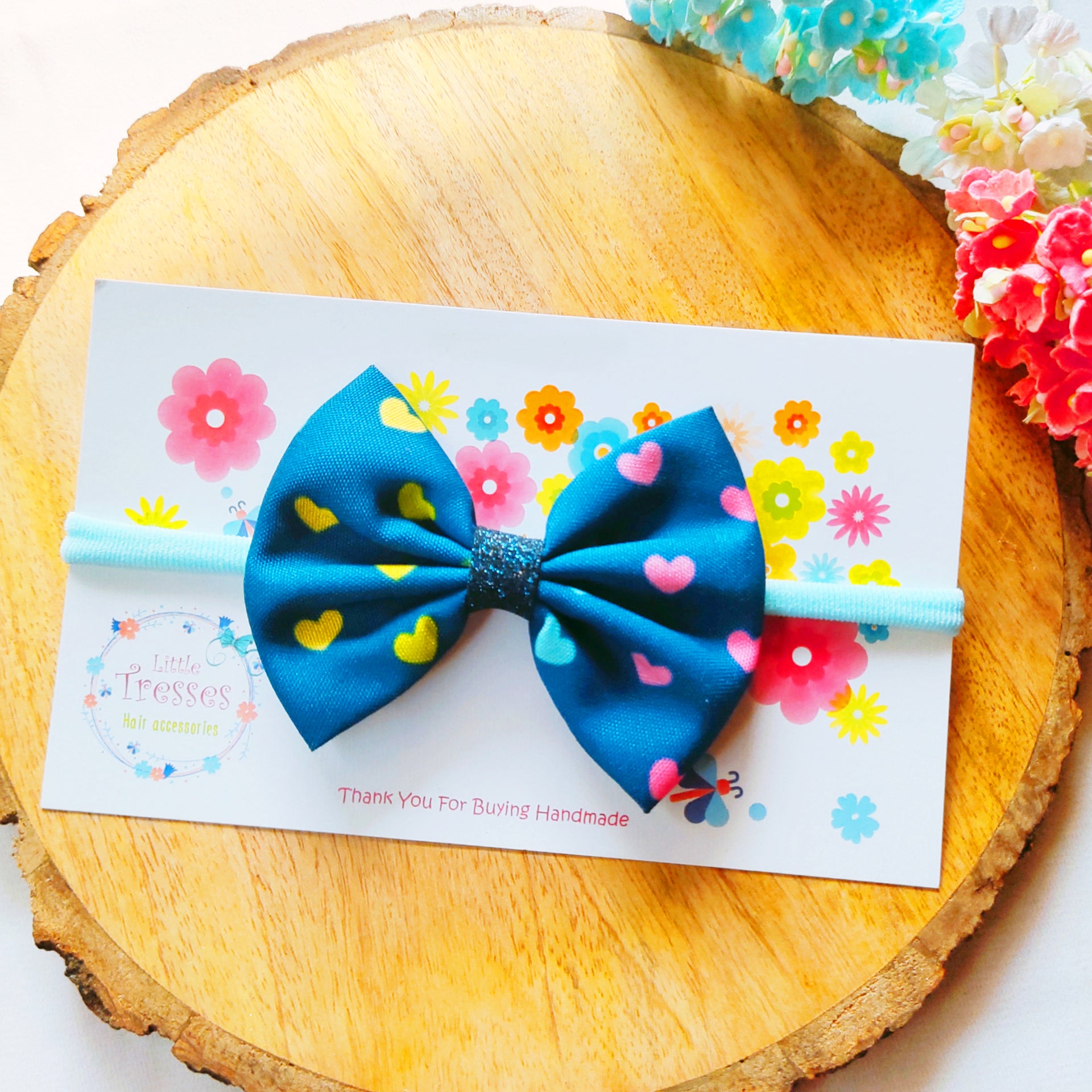 Pinched Bow Soft Headband - Blue Multicolor Hearts