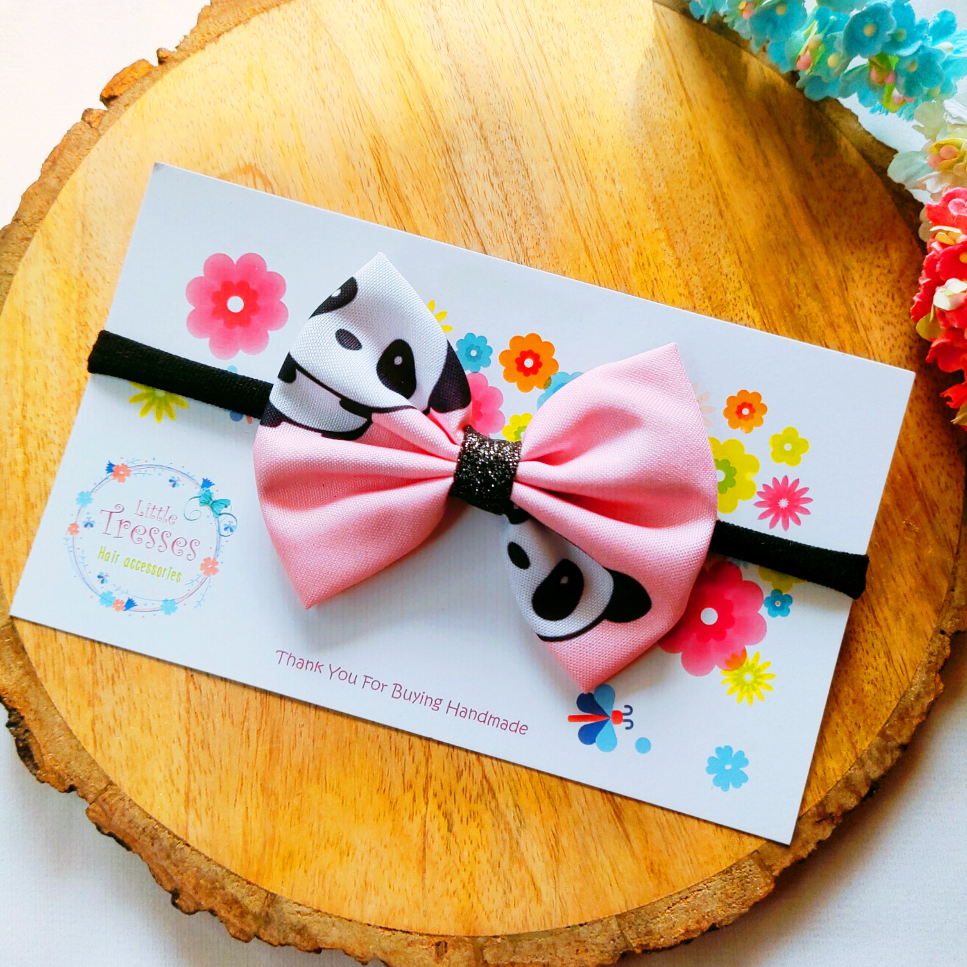 Pinched Bow Soft Headband - Pink Panda
