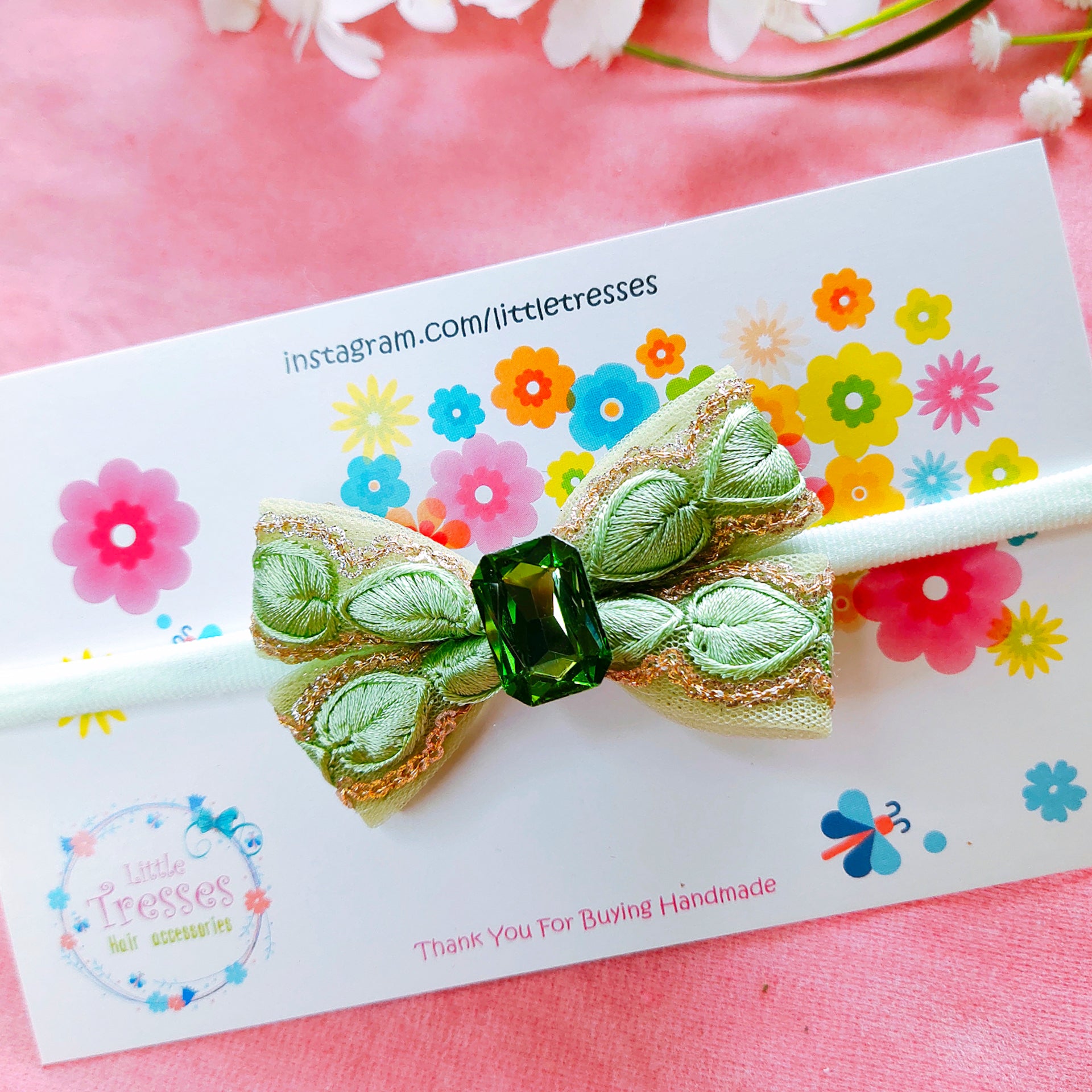 Intricate Embroidery Bow Headband - Light Green