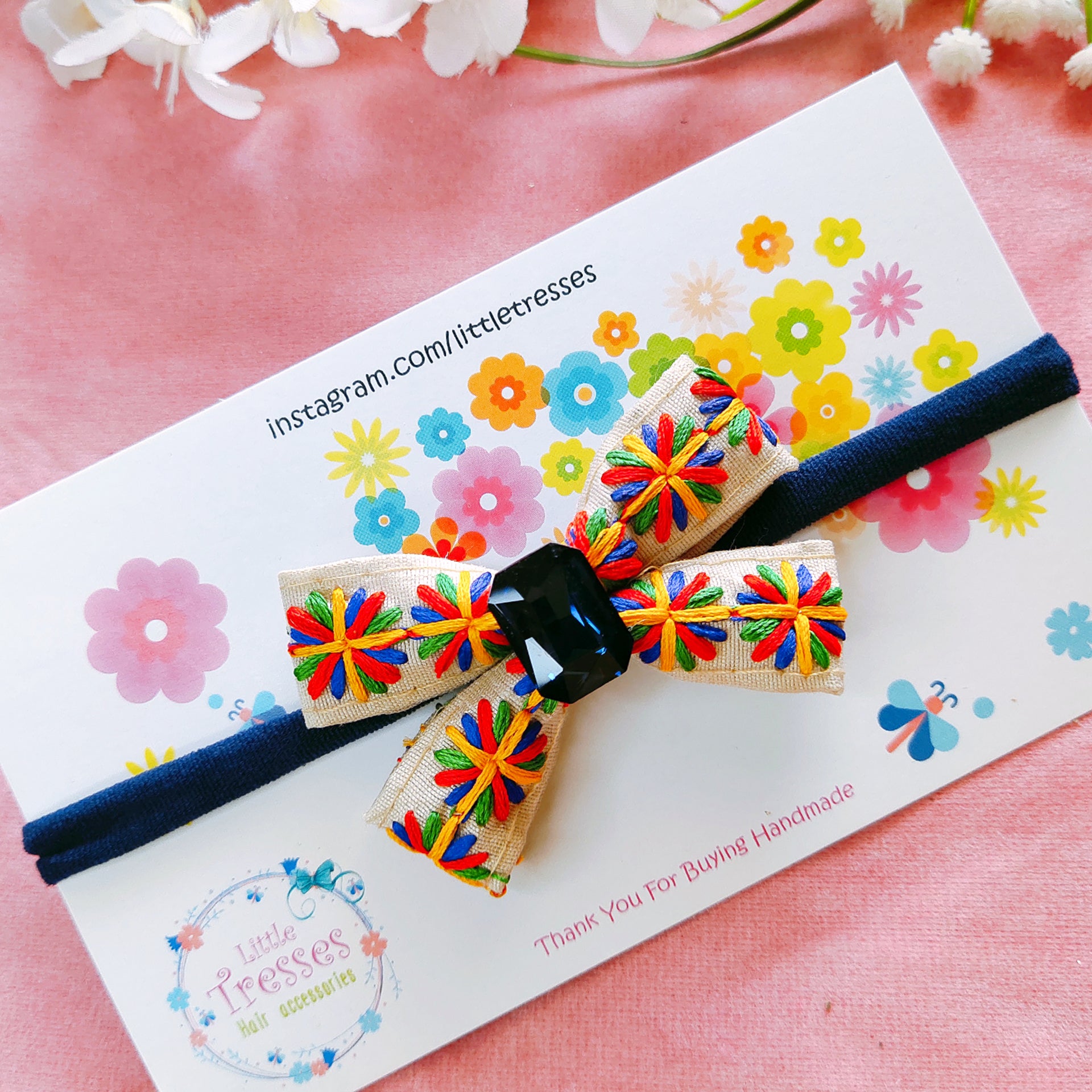 Embroidery Knot Bow Headband - Dark Blue