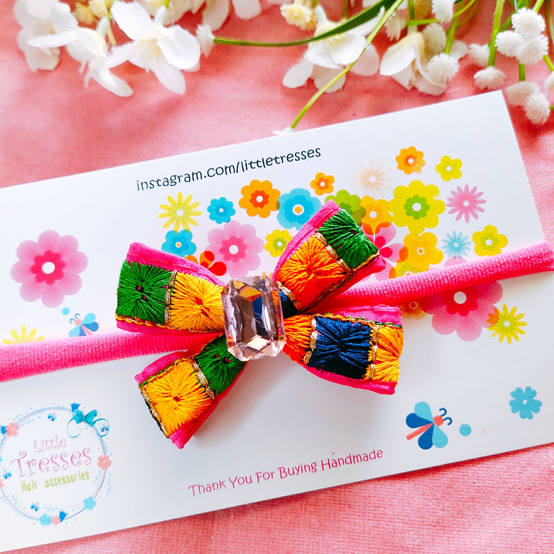 Embroidery Knot Bow Headband - Dark Pink