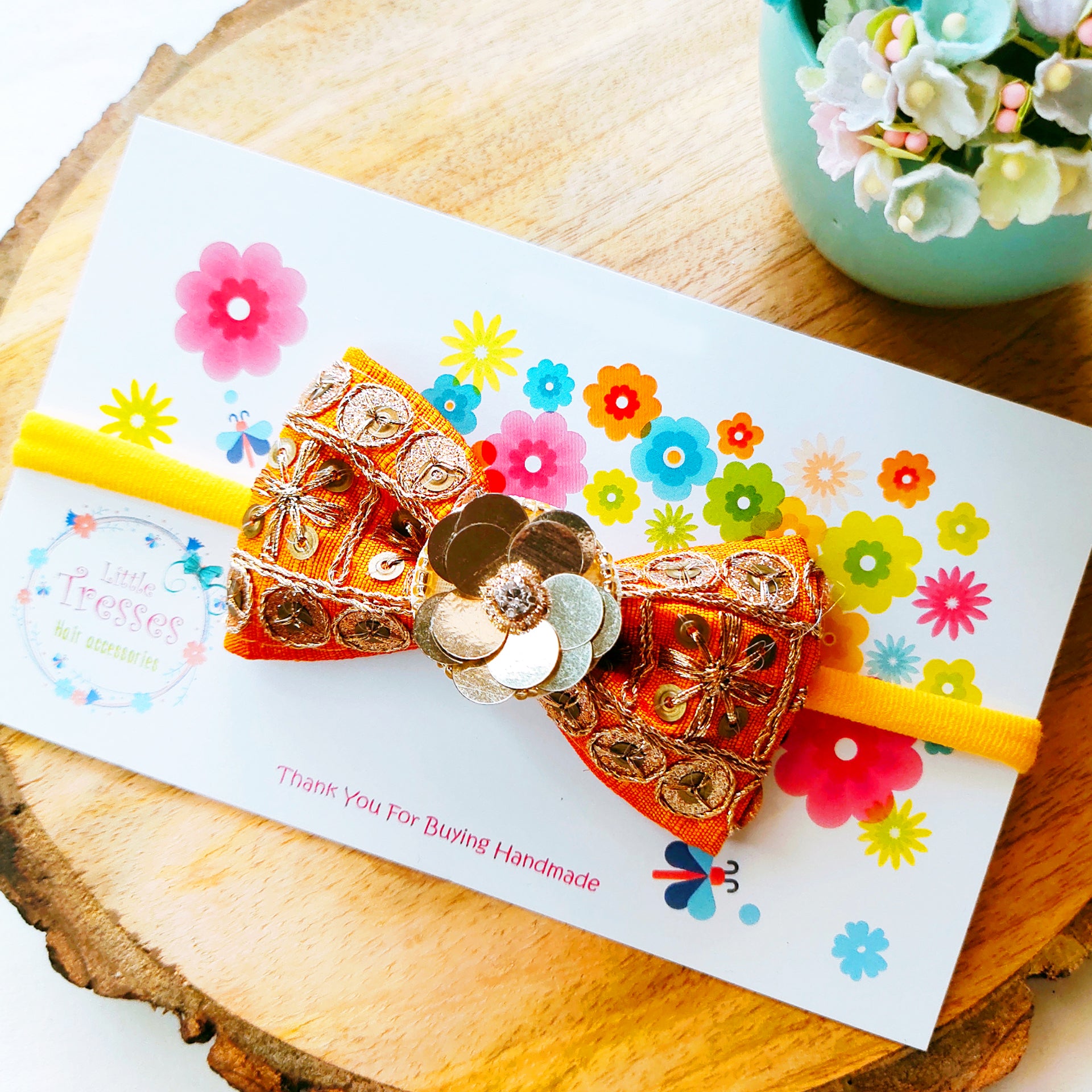 Mustard Embroidery Bow with Flower Soft Headband