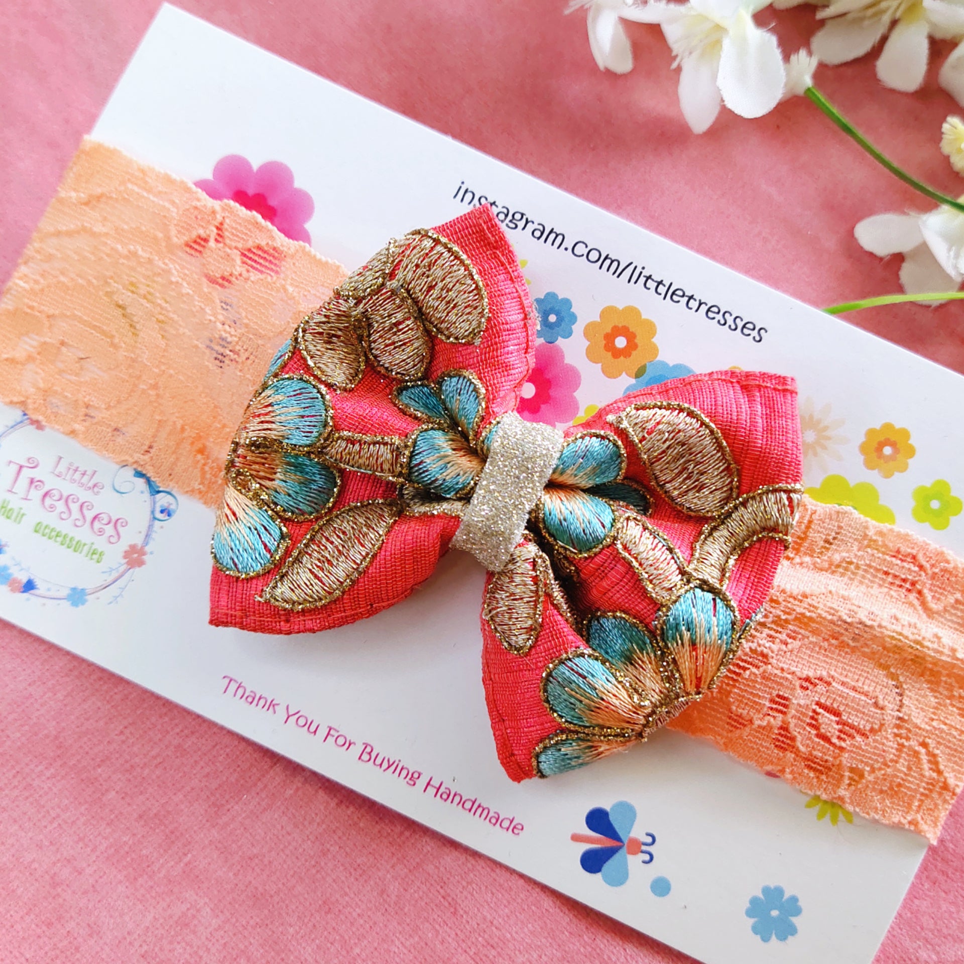 Embroidery Bow Lace Headband - Peach