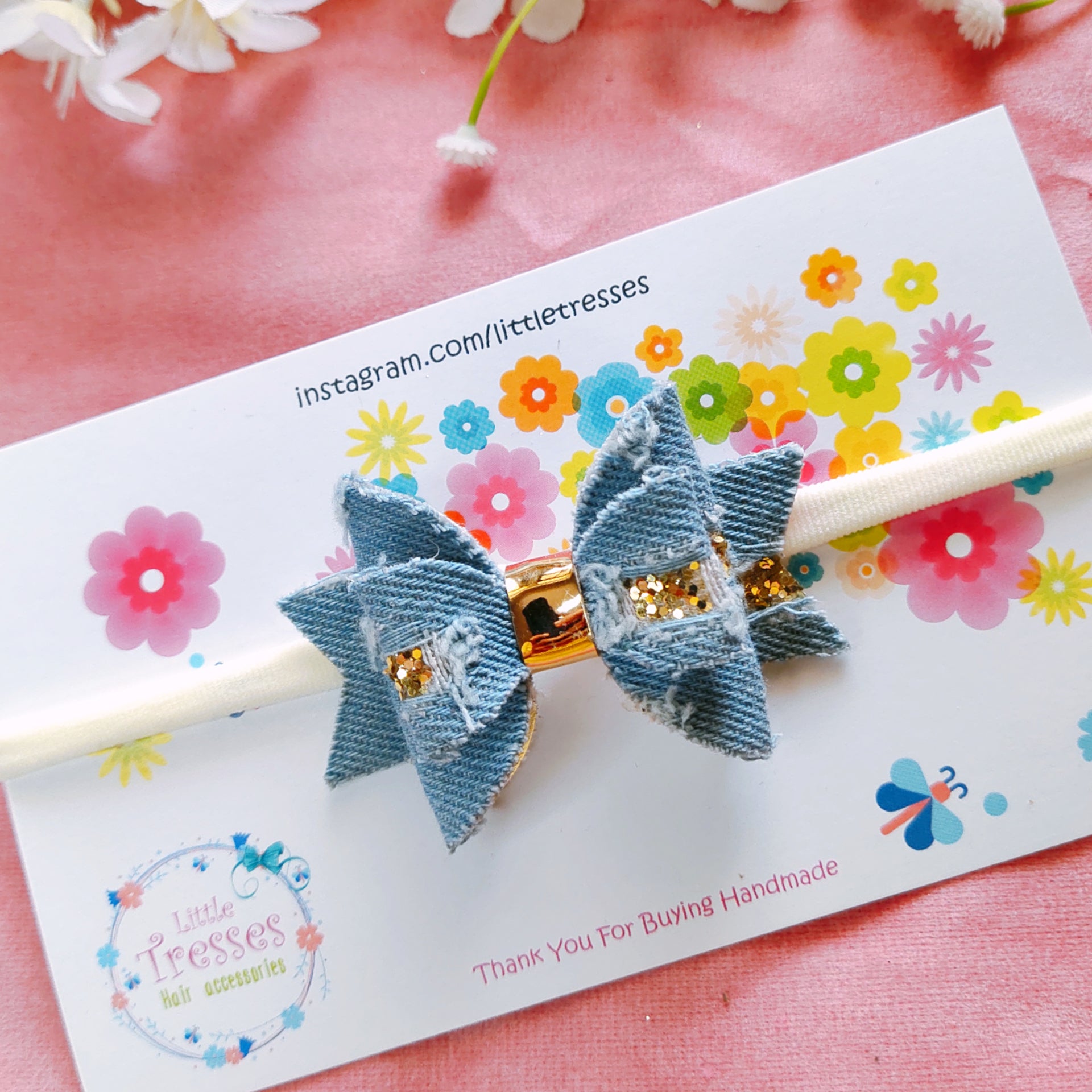 Small Layered Denim Bow Headband - Light Blue
