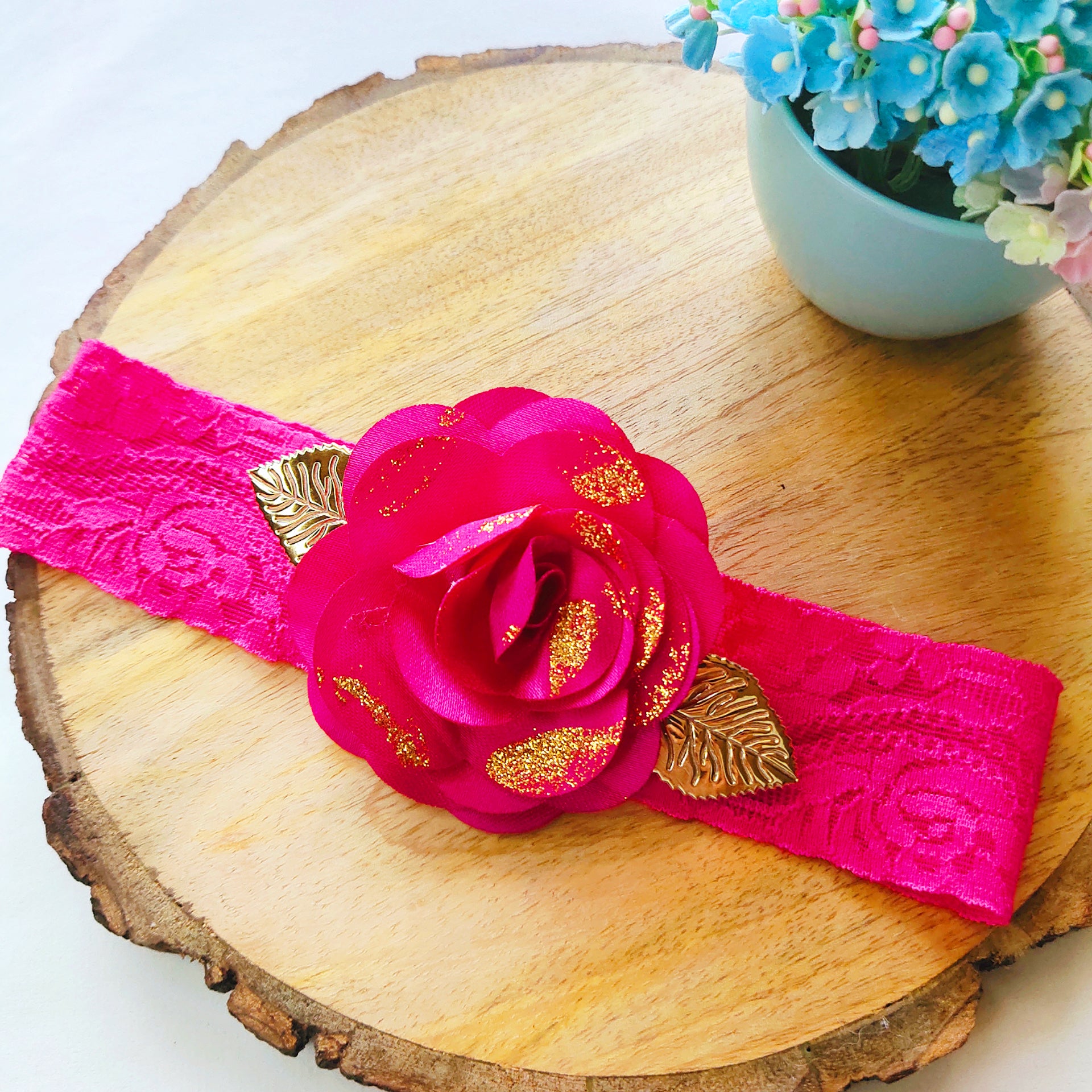 Rose Flower Lace Headband - Dark Pink