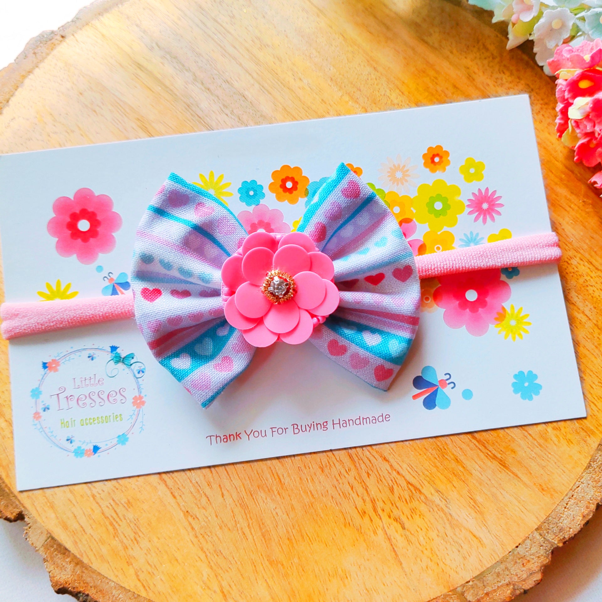 Tiny Hearts with Flower Headband - Pink & Blue