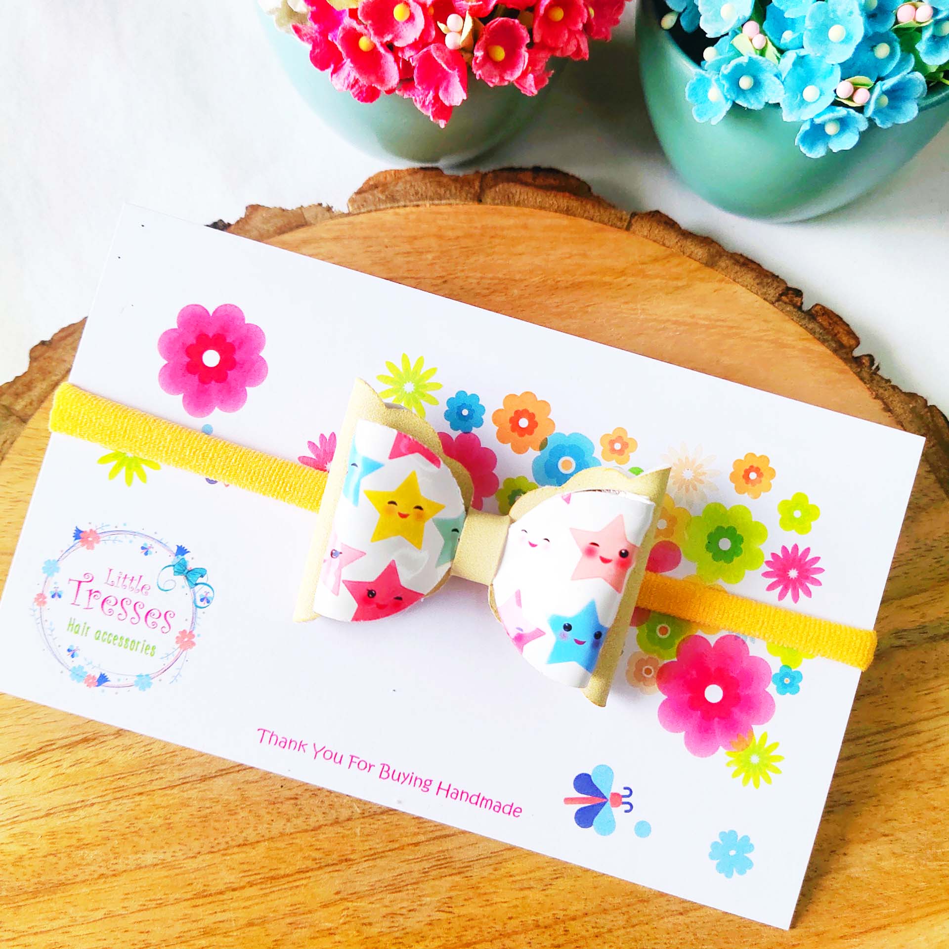 Double Layered Scalloped Bow Soft Headband - Yellow Stars