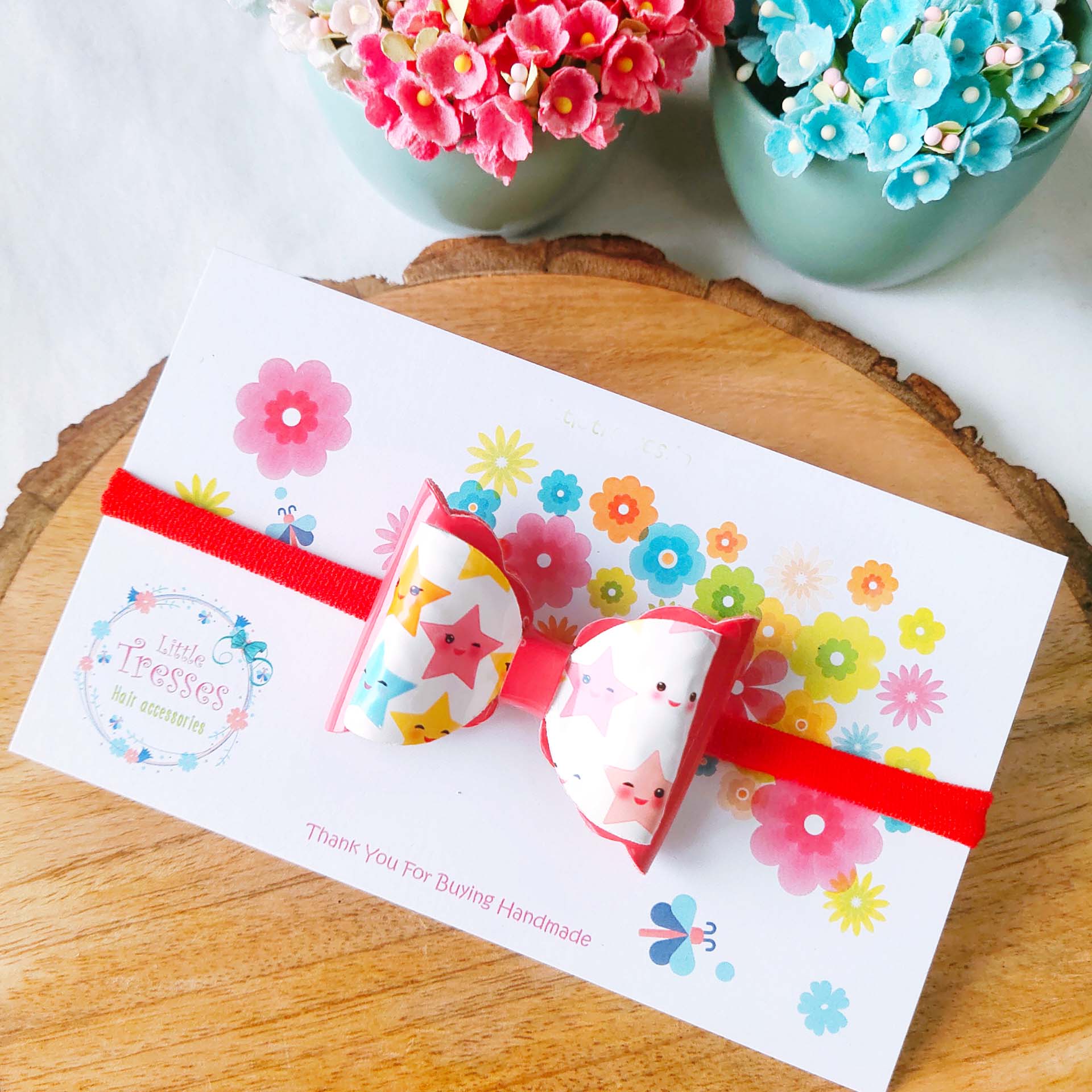 Double Layered Scalloped Bow Soft Headband - Red Stars