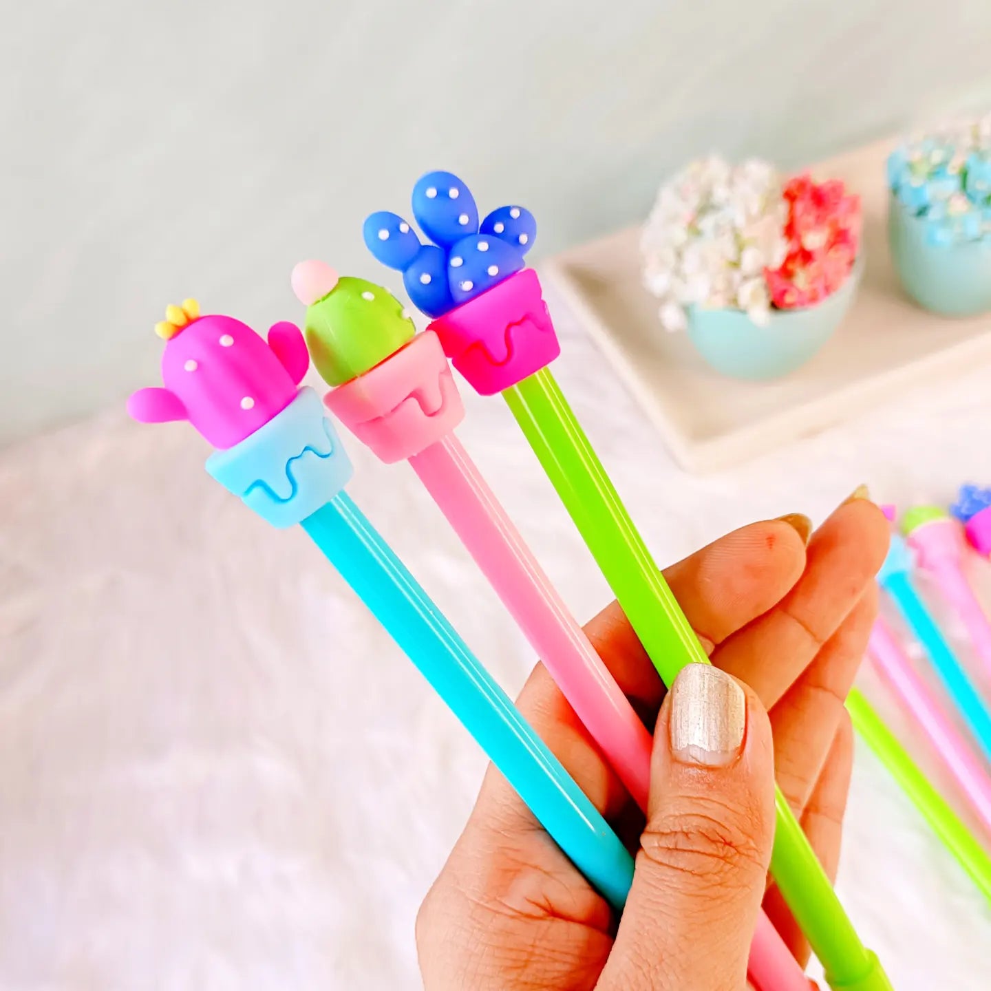 Cute cactus pens with plant toppers for kids