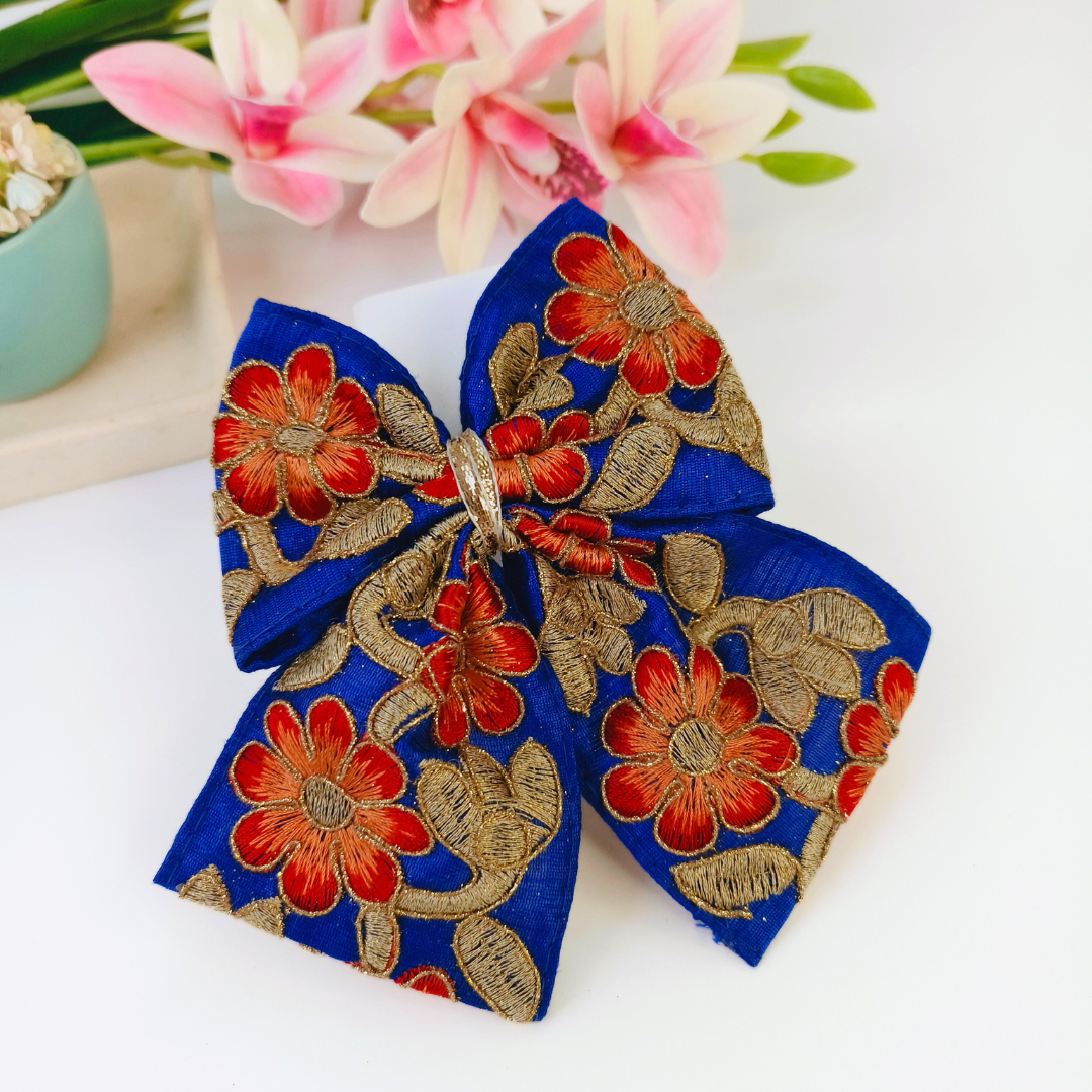 Phoolwari Big Bow Alligator Clip - Blue