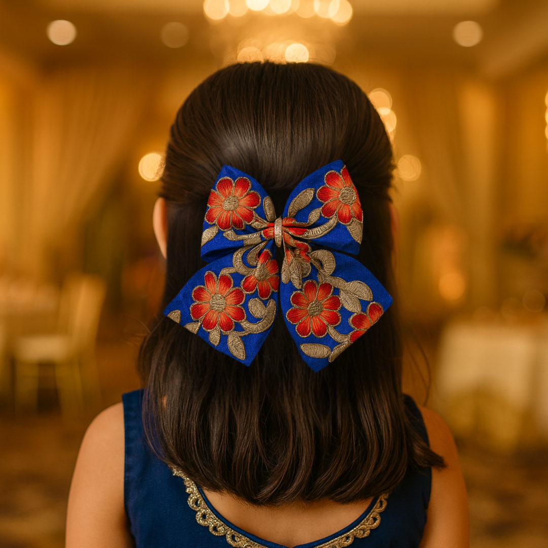 Phoolwari Big Bow Alligator Clip - Blue