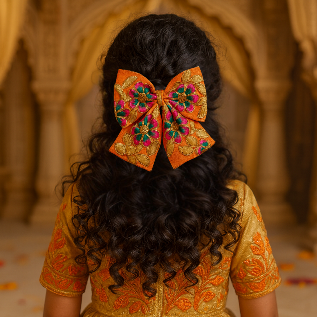 Phoolwari Big Bow Alligator Clip - Orange