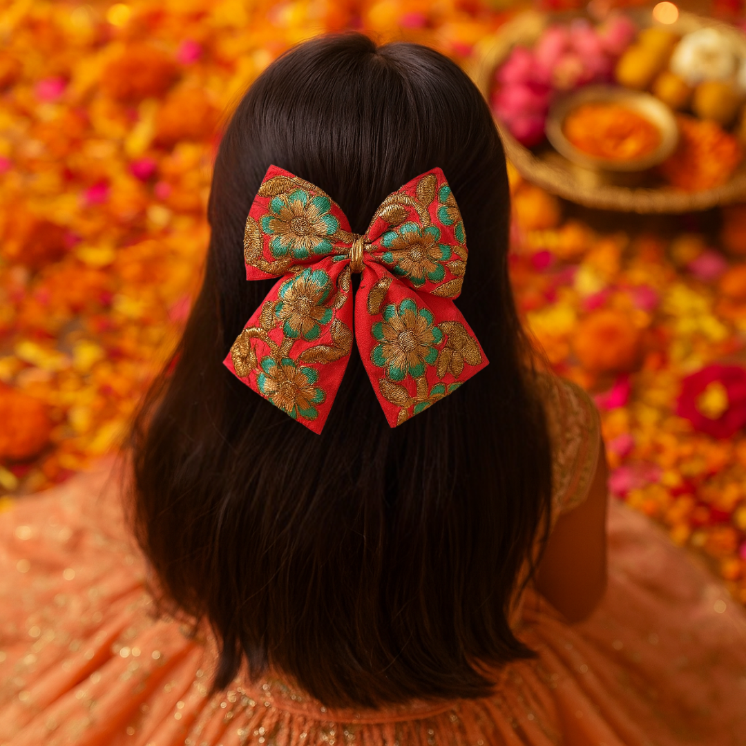 Phoolwari Big Bow Alligator Clip - Peach