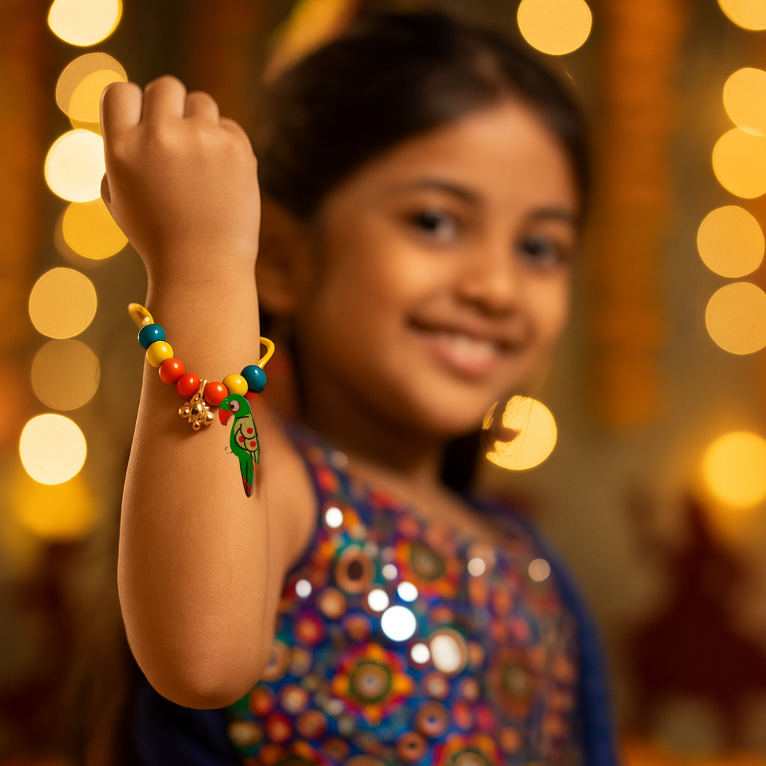Boho Parrot Adjustable Bracelet with Ghungroo & Colorful Beads - Green