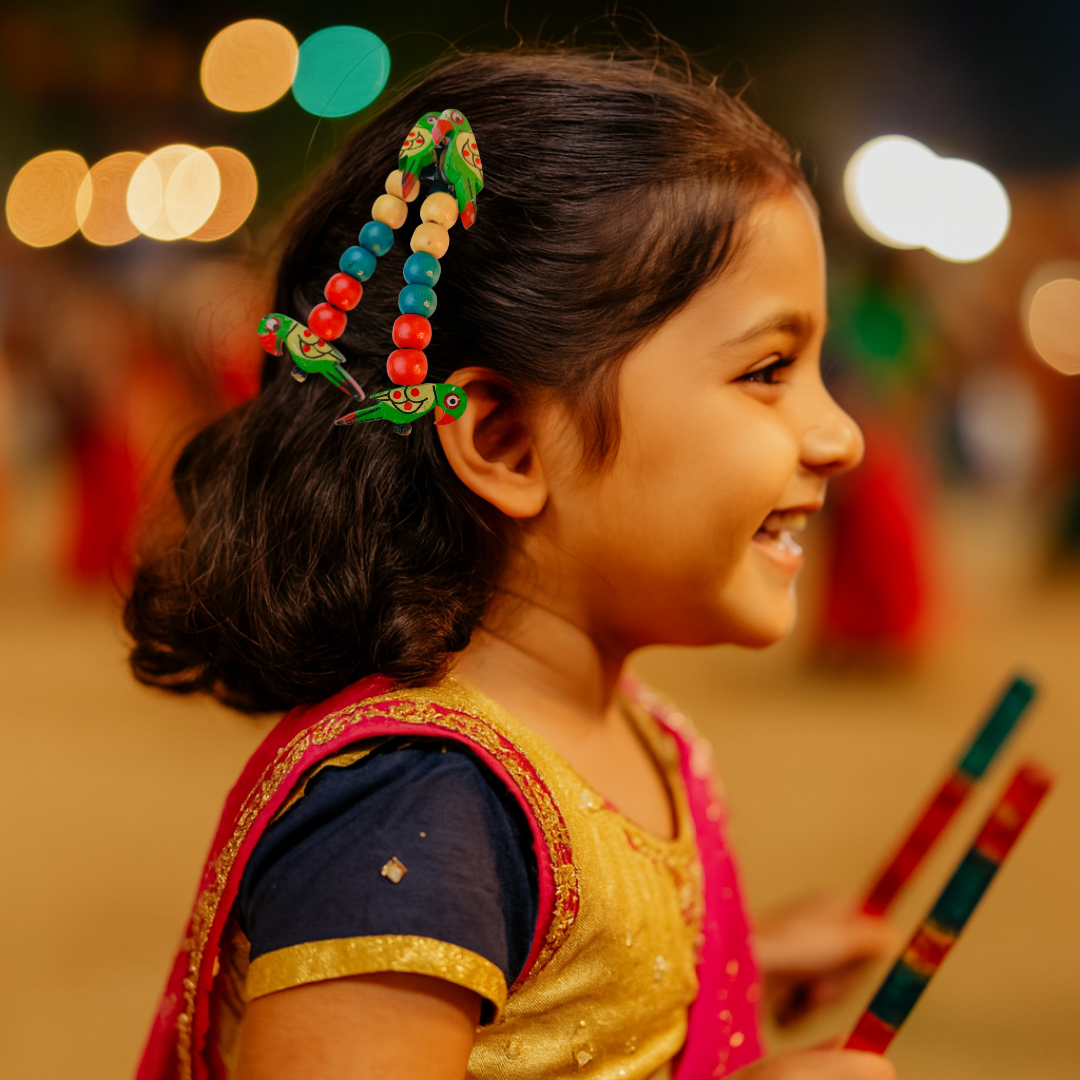 Boho Parrot Snap Clip Pair with Colorful Beads - Green