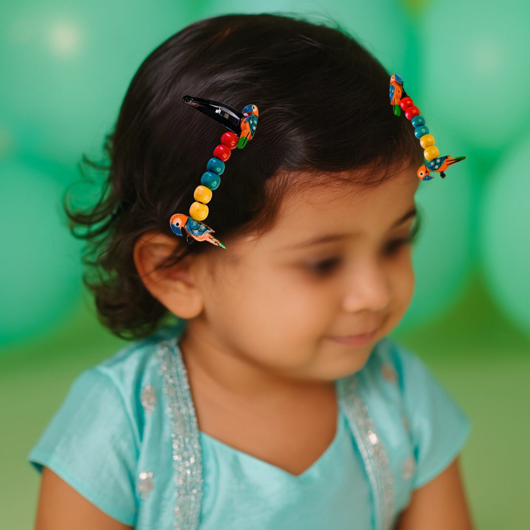 Boho Parrot Snap Clip Pair with Colorful Beads - Orange