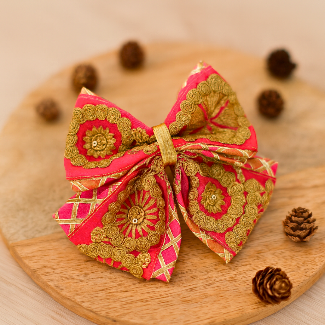 Phoolwari Big Bow Alligator Clip - Peach & Orange