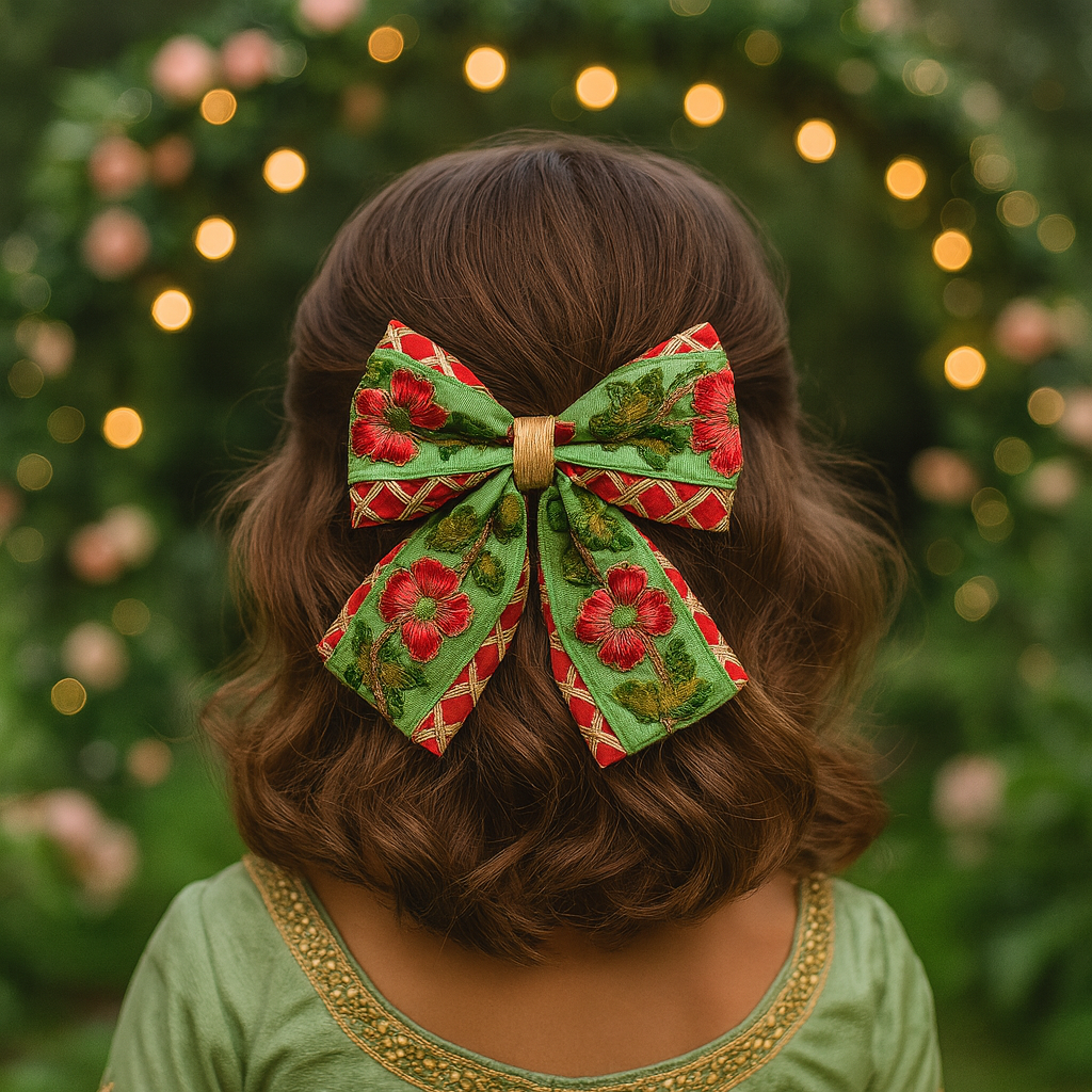 Phoolwari Big Bow Alligator Clip - Green & Red
