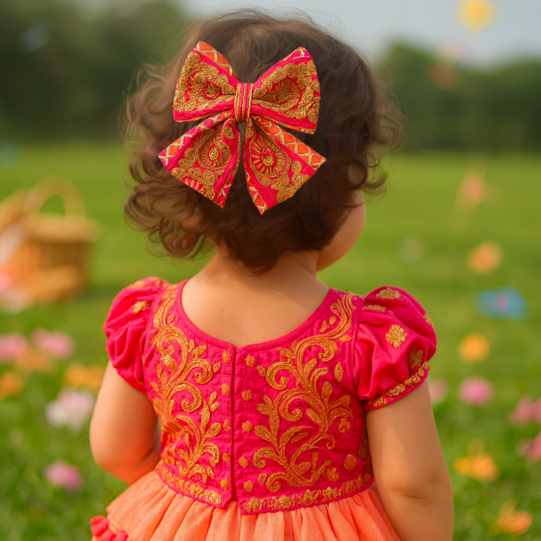 Phoolwari Big Bow Alligator Clip - Peach & Orange