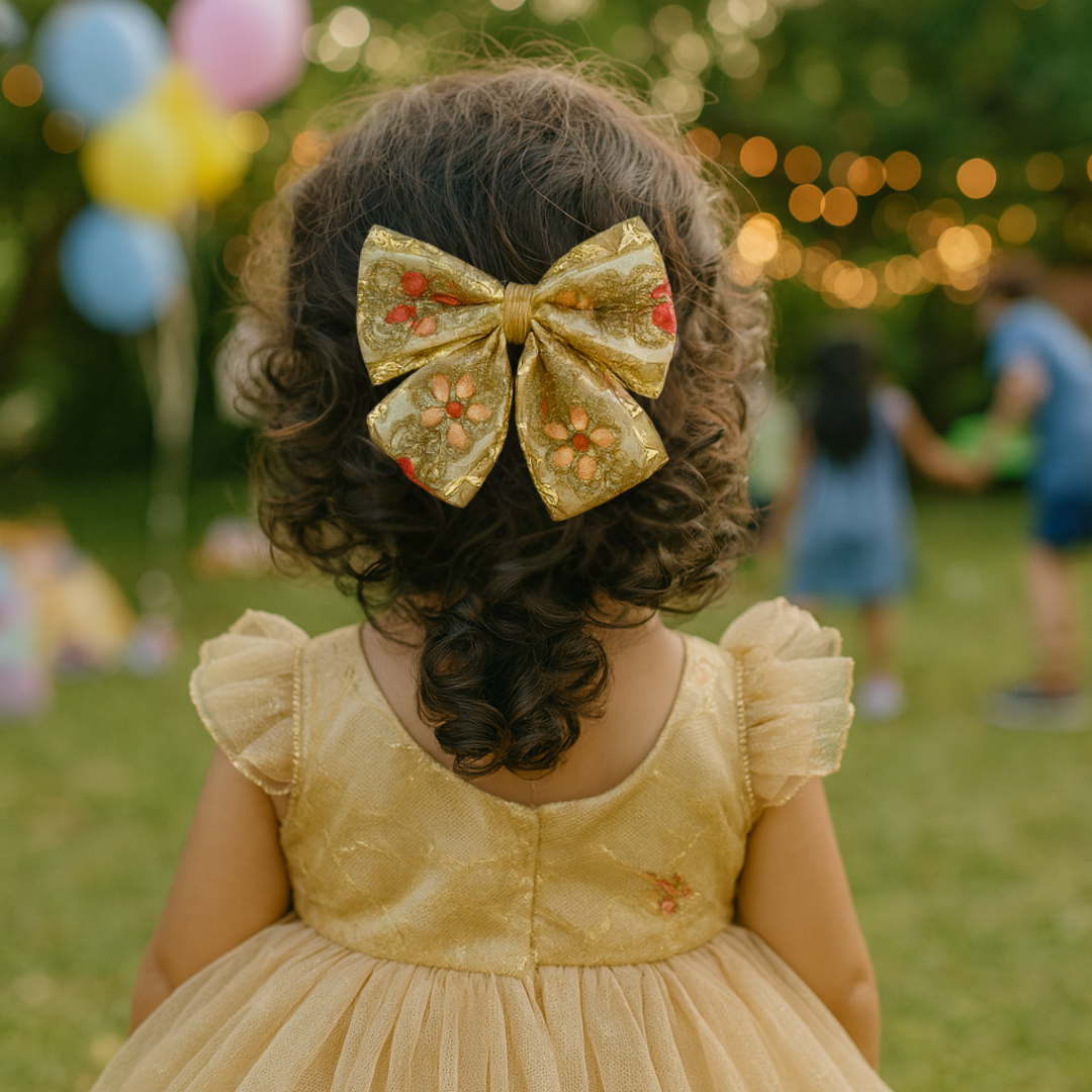 Phoolwari Big Bow Alligator Clip - Golden