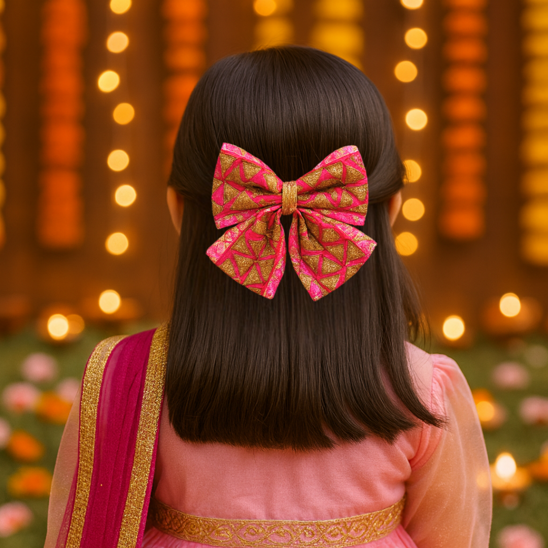 Phoolwari Big Bow Alligator Clip - Light Pink & Golden