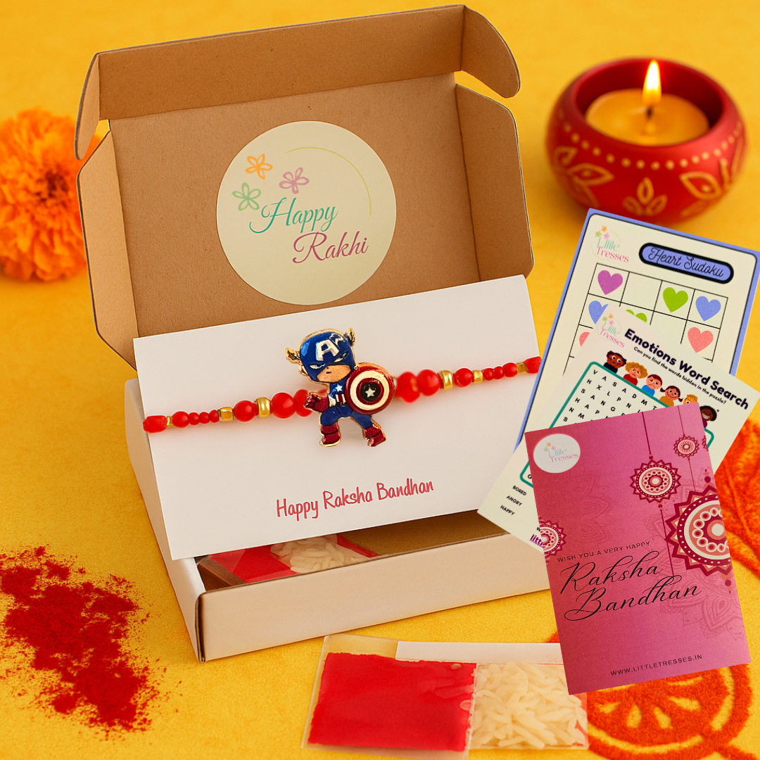 Captain America Rakhi for Boys – Rakhi Gift Box with Roli, Rice & Greeting Card

