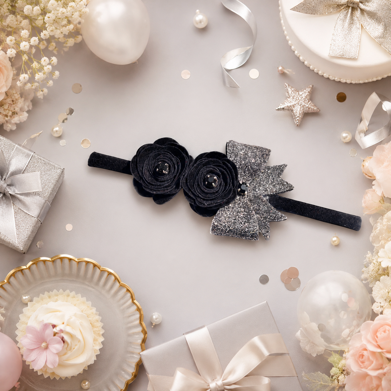Roses with Bow Soft Headband - Black