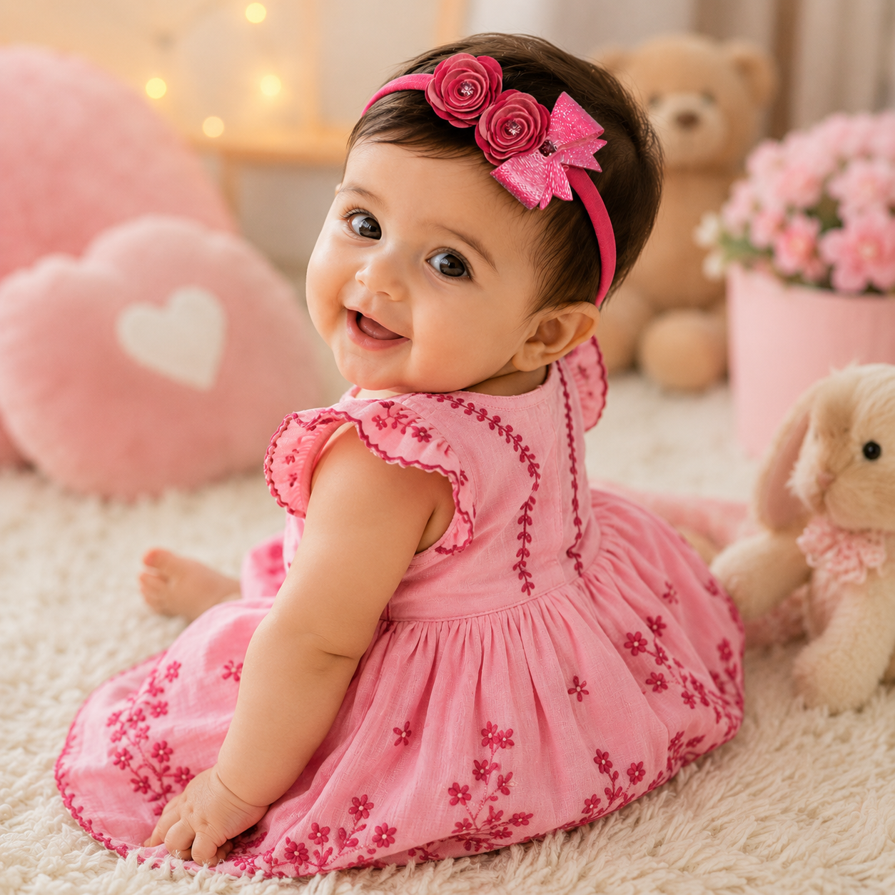 Roses with Bow Soft Headband - Pink