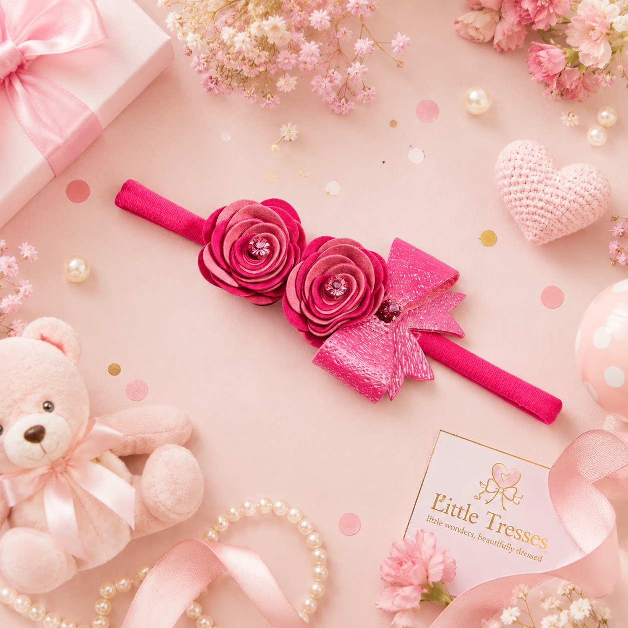 Roses with Bow Soft Headband - Pink