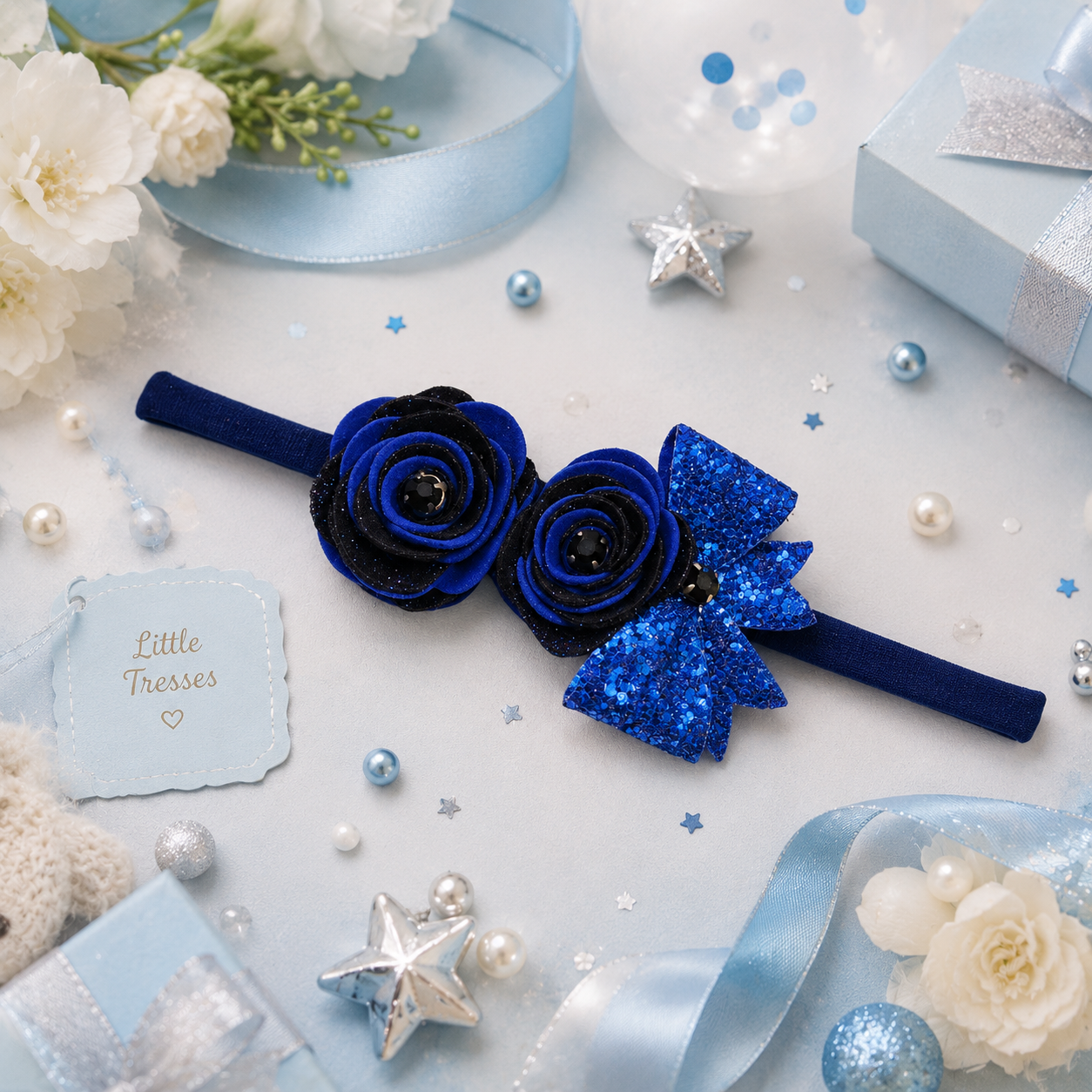 Roses with Bow Soft Headband - Black & Blue