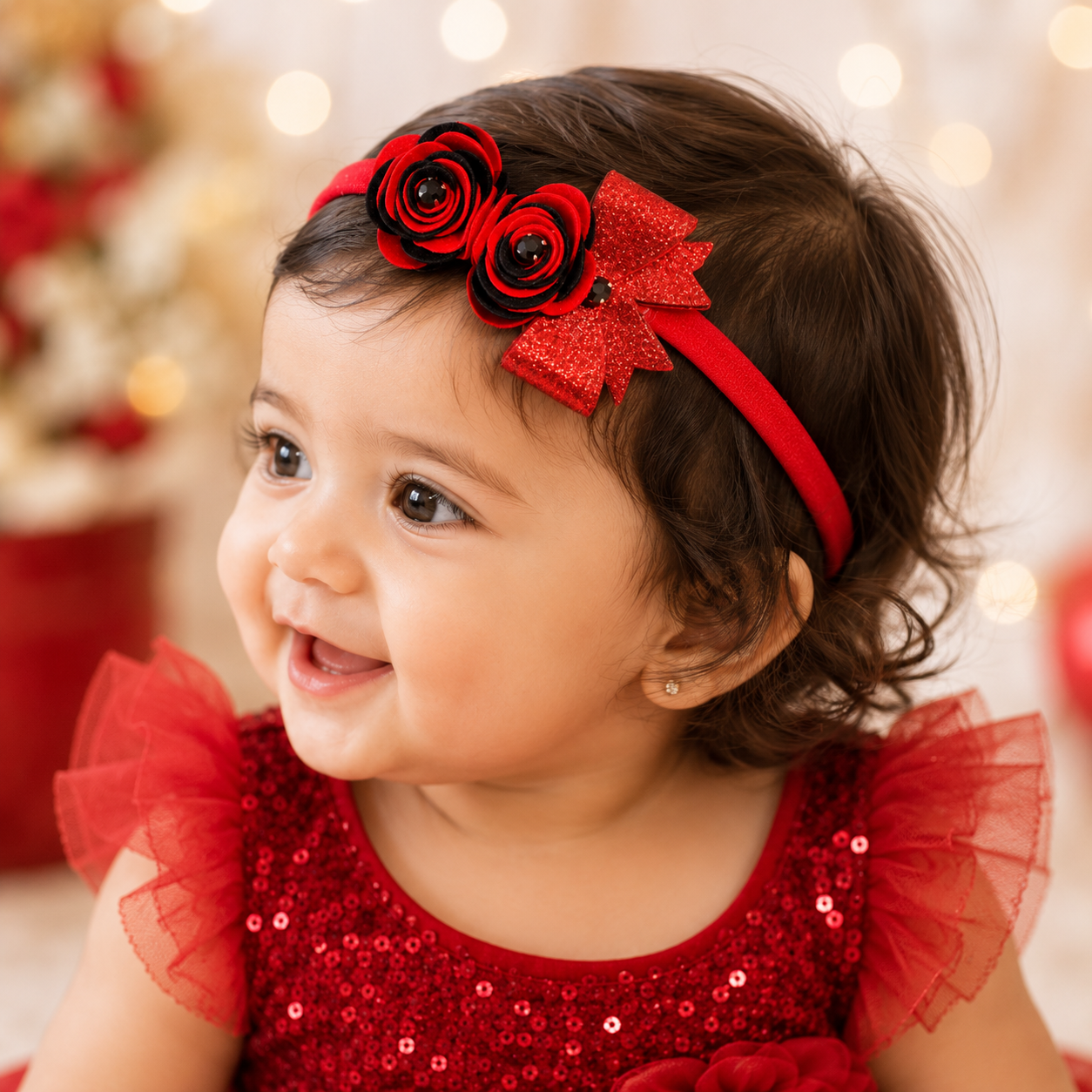Roses with Bow Soft Headband - Red & Black