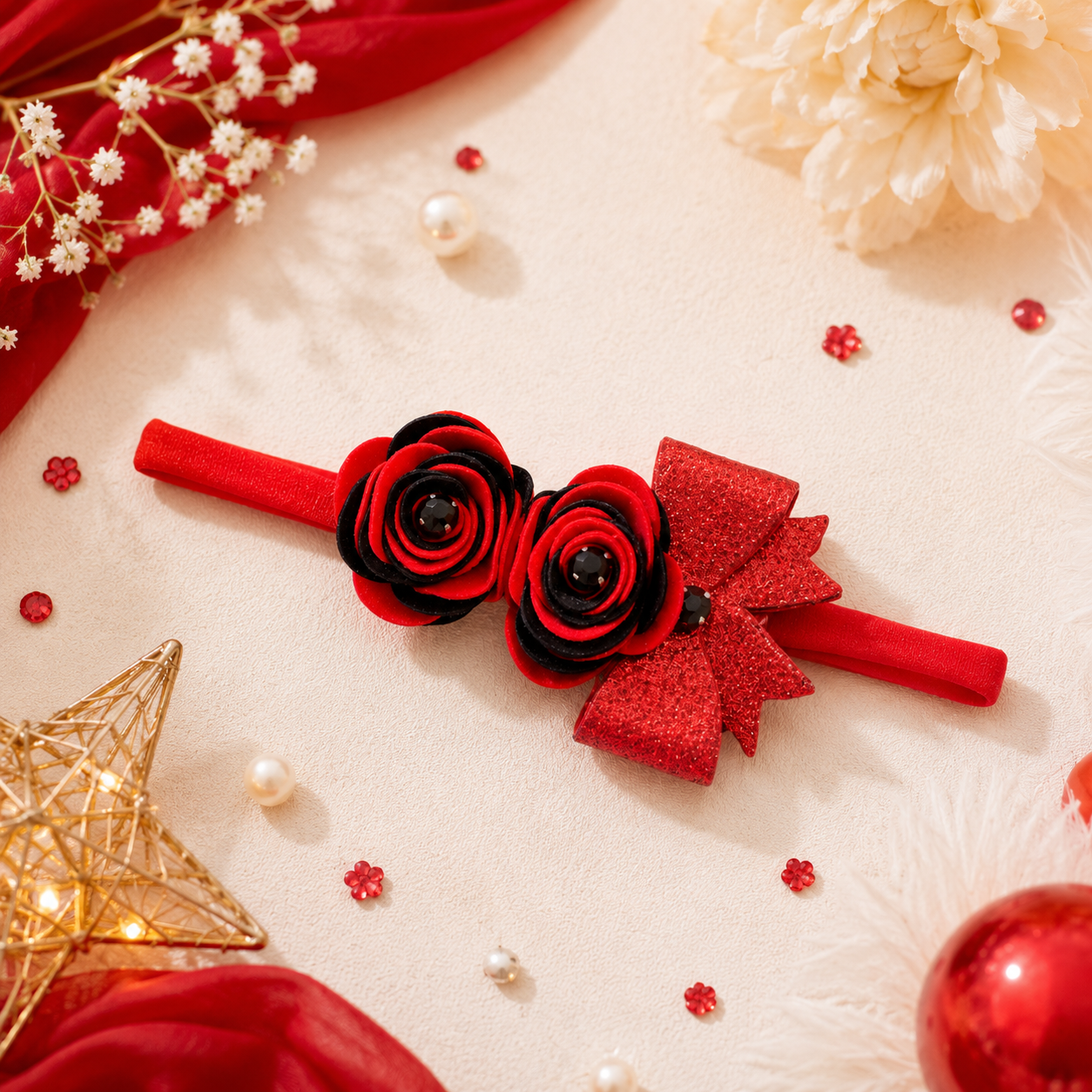 Roses with Bow Soft Headband - Red & Black