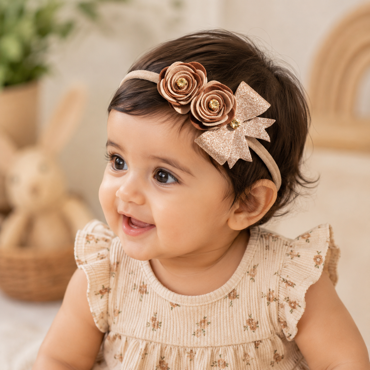 Roses with Bow Soft Headband - Brown & Rose Gold