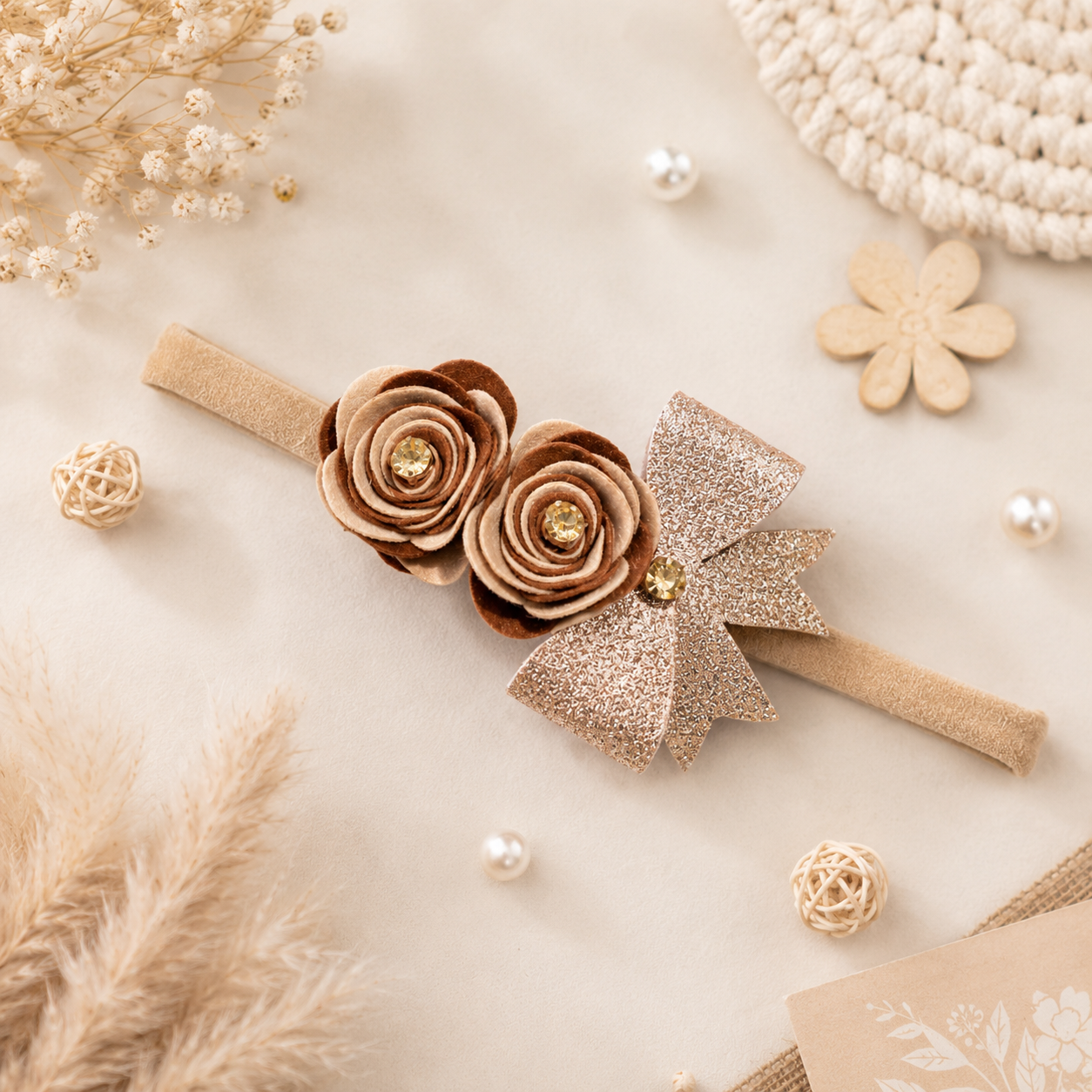 Roses with Bow Soft Headband - Brown & Rose Gold