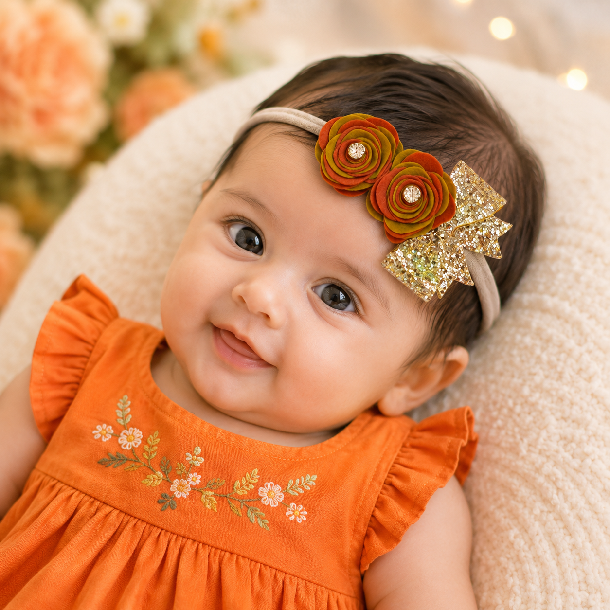 Roses with Bow Soft Headband - Golden & Orange