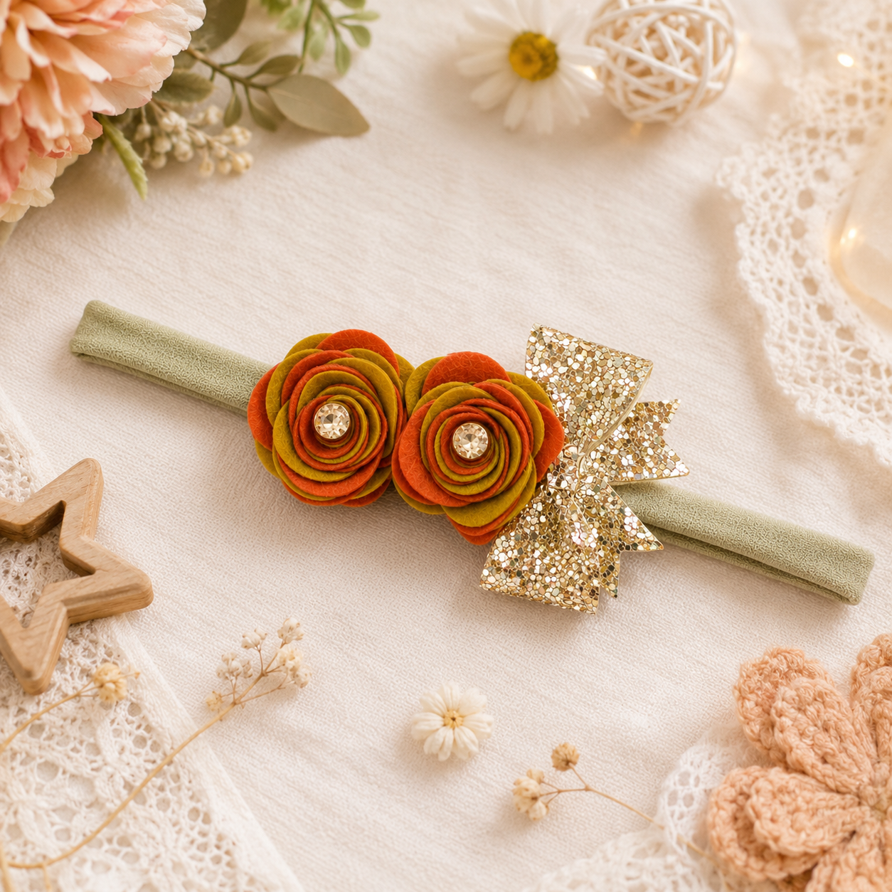 Roses with Bow Soft Headband - Golden & Orange